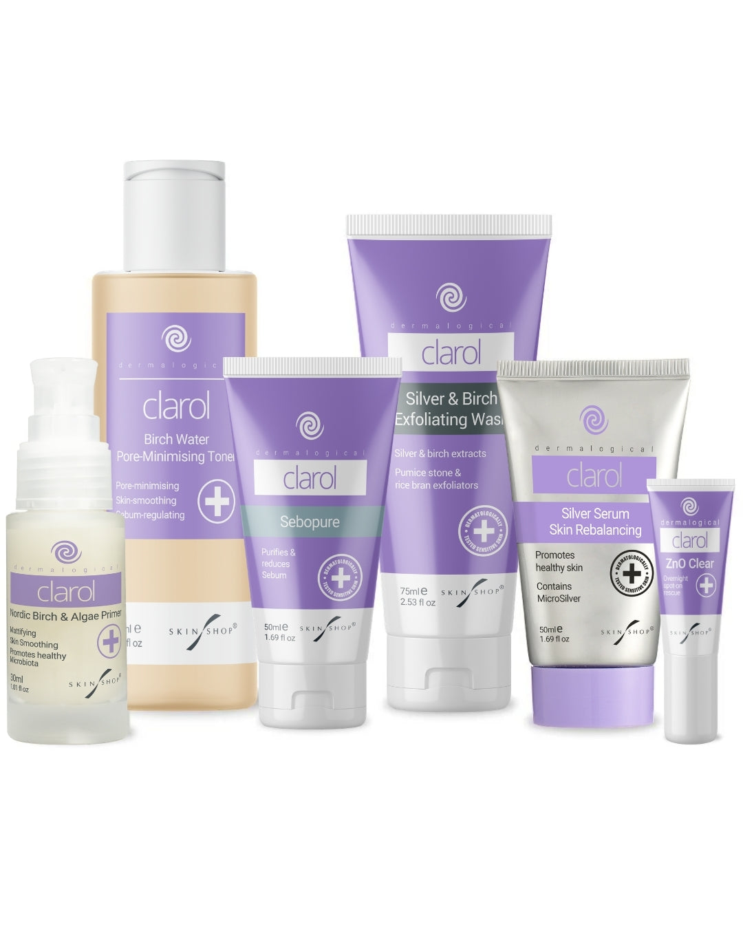 A collection of Clarol skincare products for acne-prone skin, including: Clarol Silver Serum, Clarol Sebopure, Clarol Silver & Birch Exfoliating Wash, Clar Birch Water Pore-Minimising Toner, Clarol ZnO Clear Targeted Spot Treatment, Clarol Nordic Birch & Japanese Algae Primer, arranged on a plain white background.