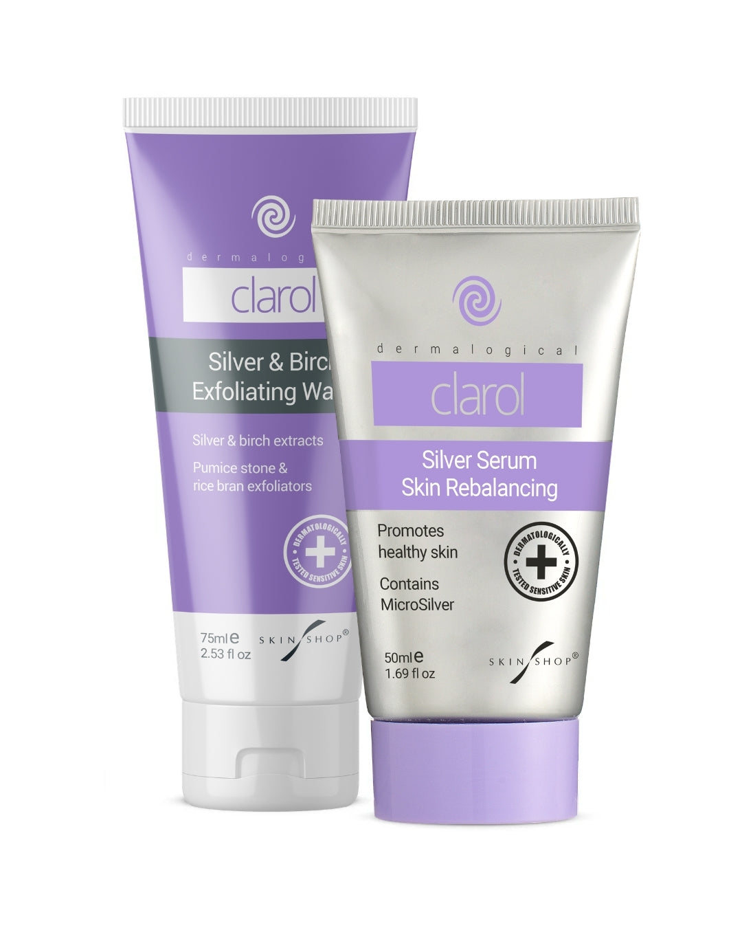 Two Clarol skincare tubes on a white background: Clarol Silver Serum and Clarol Silver and Birch Exfoliating Face Wash for acne-prone skin