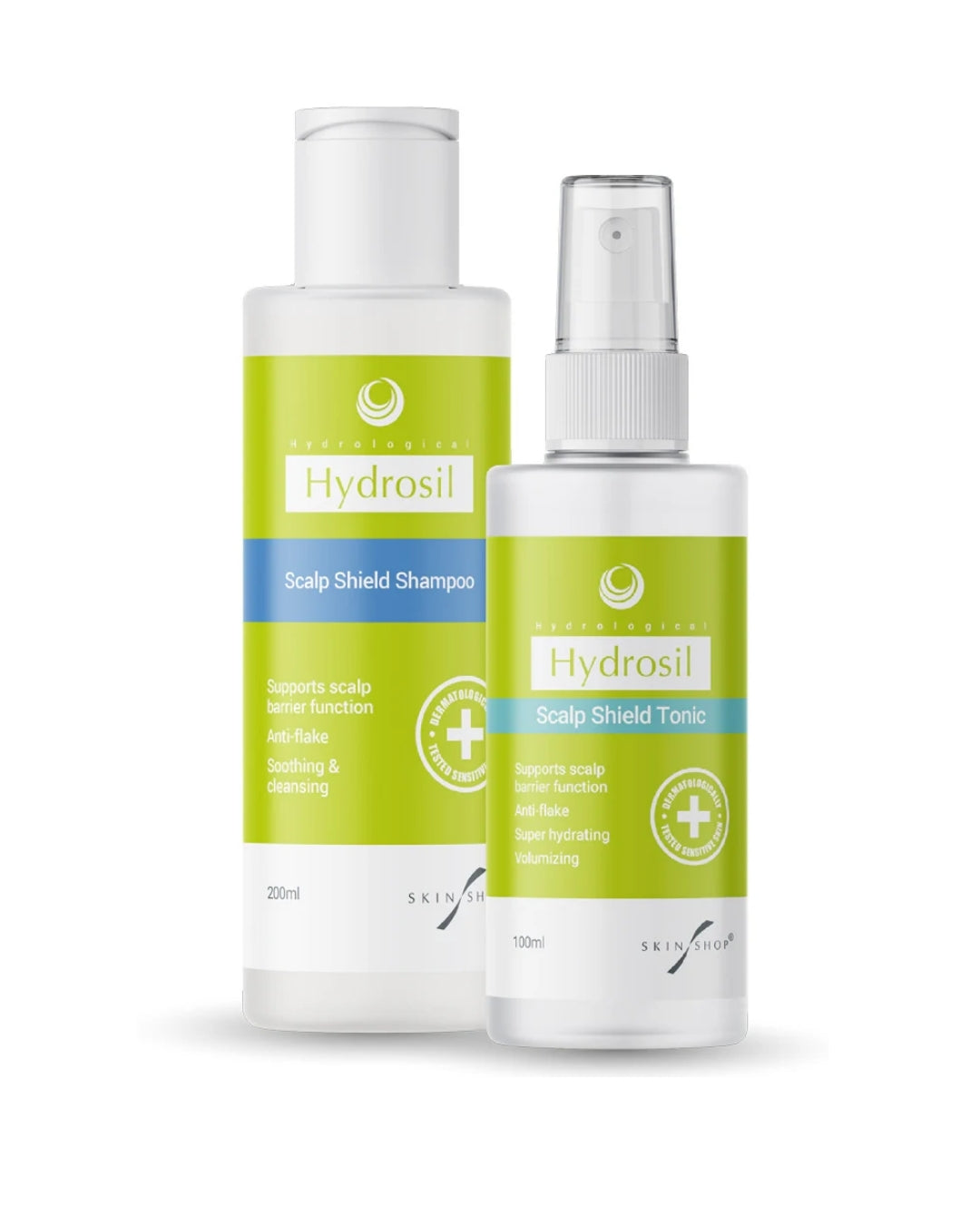 Hydrosil Scalp Shield Duo Pack, a 200ml shampoo bottle and a 100ml leave-in tonic spray for dry, itchy and flaky scalps