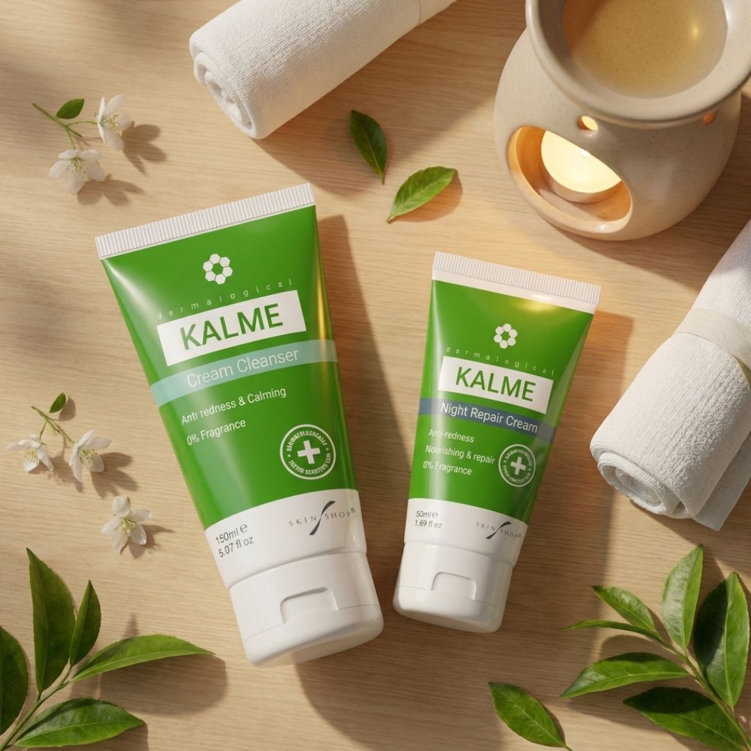 KALME Cream Cleanser 150ml and KALME Night Repair Cream 50ml laid out together as the evening skincare routine for rosacea-prone and sensitive skin, both fragrance-free and dermatologically tested