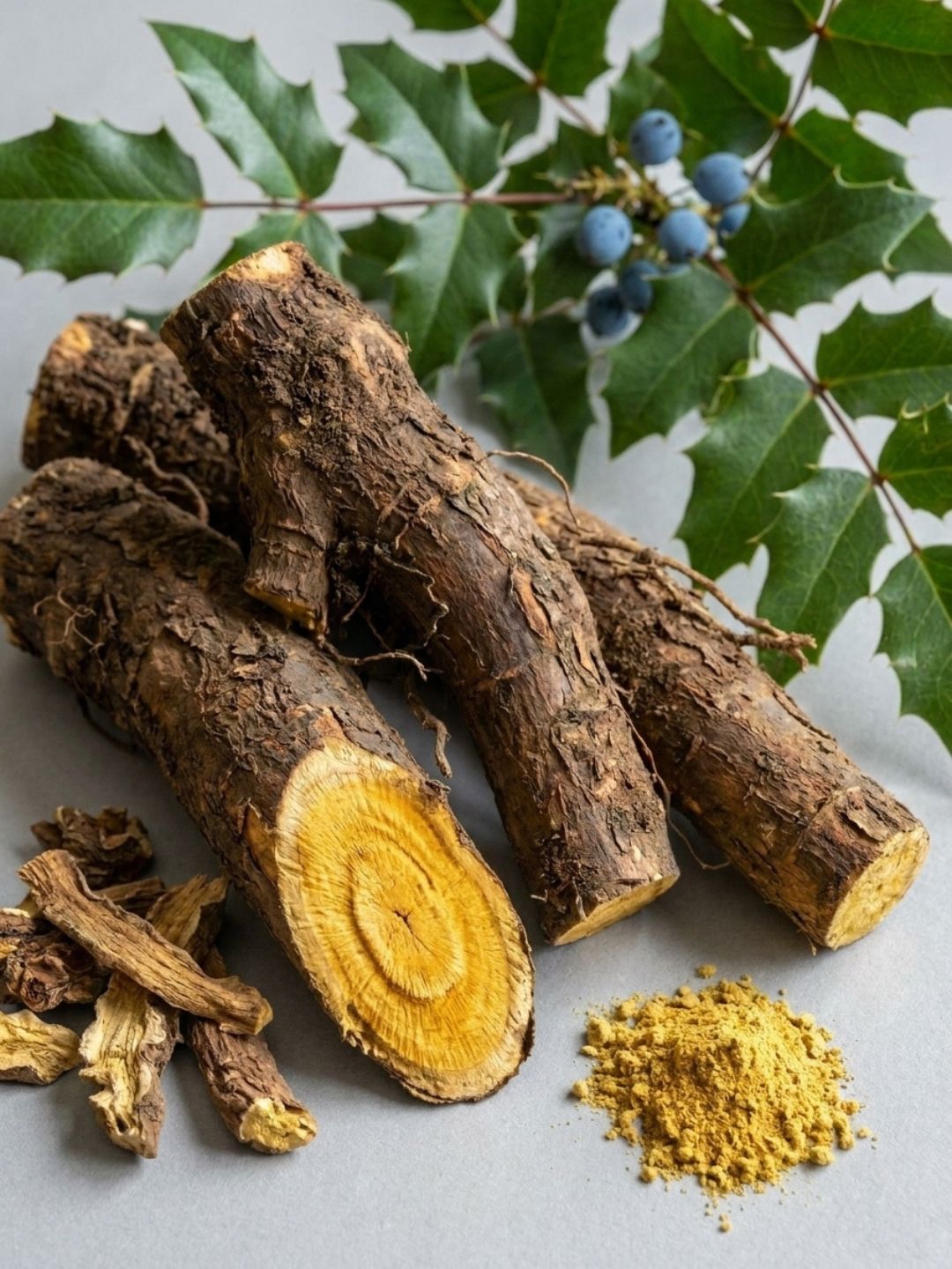 Oregon Grape Root (Berberis Aquifolium), shown as woody root pieces, yellow powder and the plant's blue berries and leaves