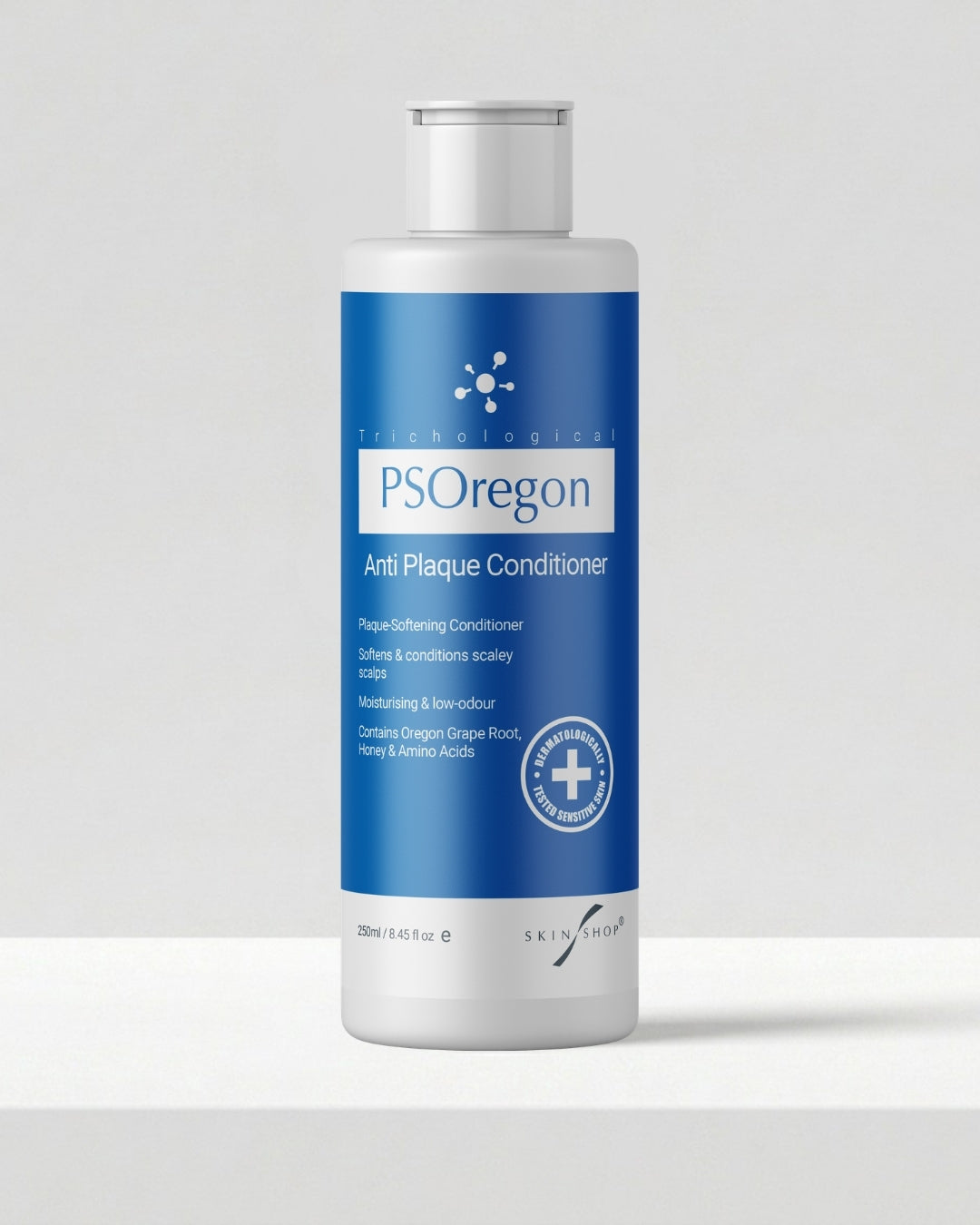 PSOregon Anti-Plaque Conditioner 250ml, a plaque-softening, moisturising conditioner for psoriasis-prone scalps, with Oregon Grape Root, honey and amino acids, dermatologically tested