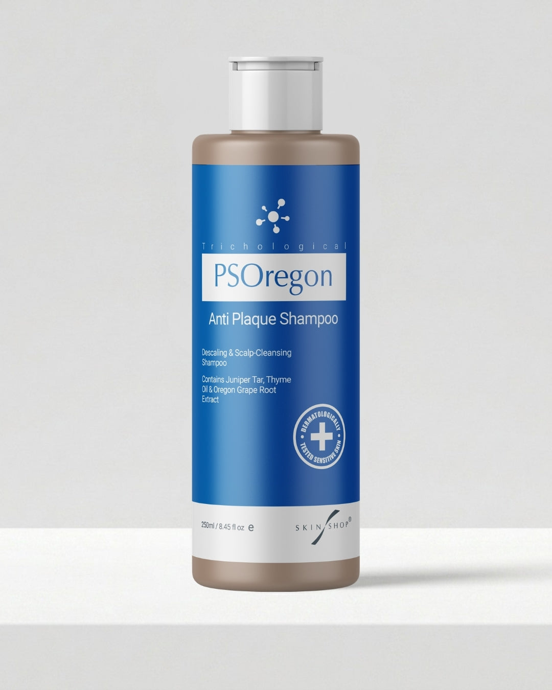 PSOregon Anti-Plaque Shampoo 250ml, a descaling scalp-cleansing shampoo for psoriasis-prone scalps, with juniper tar, thyme oil and Oregon Grape Root, dermatologically tested