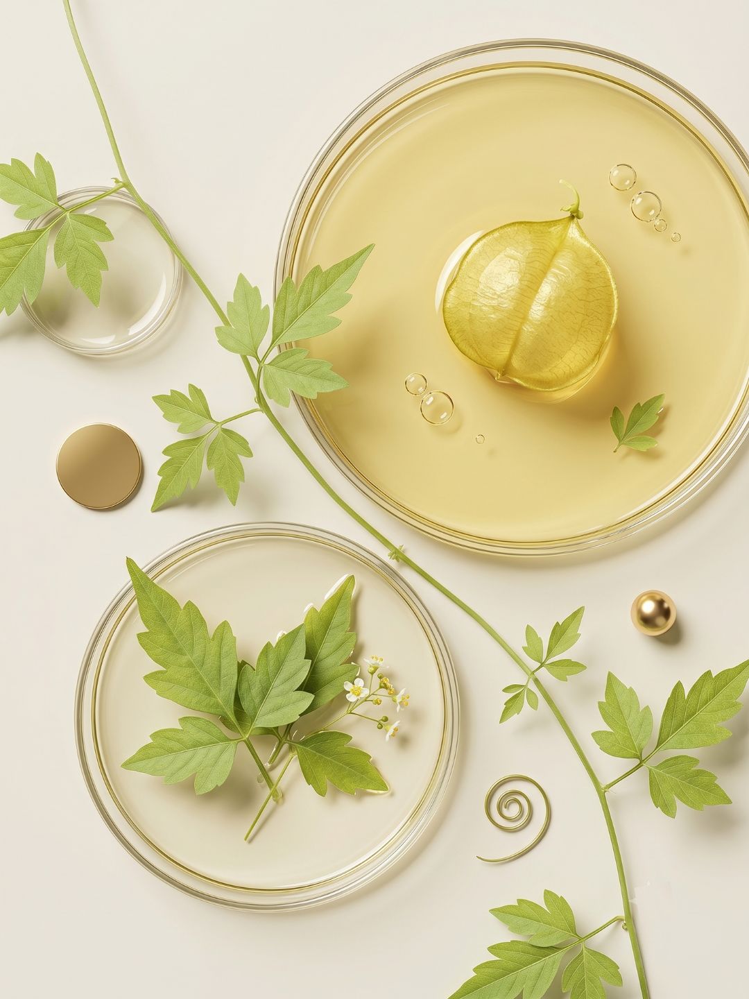 Cardiospermum halicacabum, the balloon vine, with its leaves, white flowers and balloon-like seed pod beside a dish of gel, the plant-based active in Hydrosil skincare products