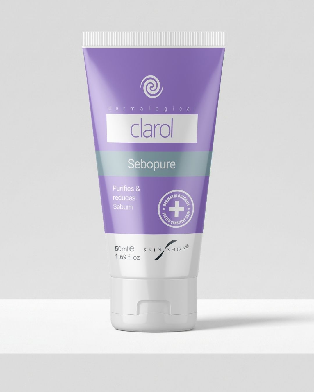 Front of Clarol Sebopure 50ml tube, a facial cream that purifies and reduces sebum for oily and acne-prone skin, dermatologically tested for sensitive skin