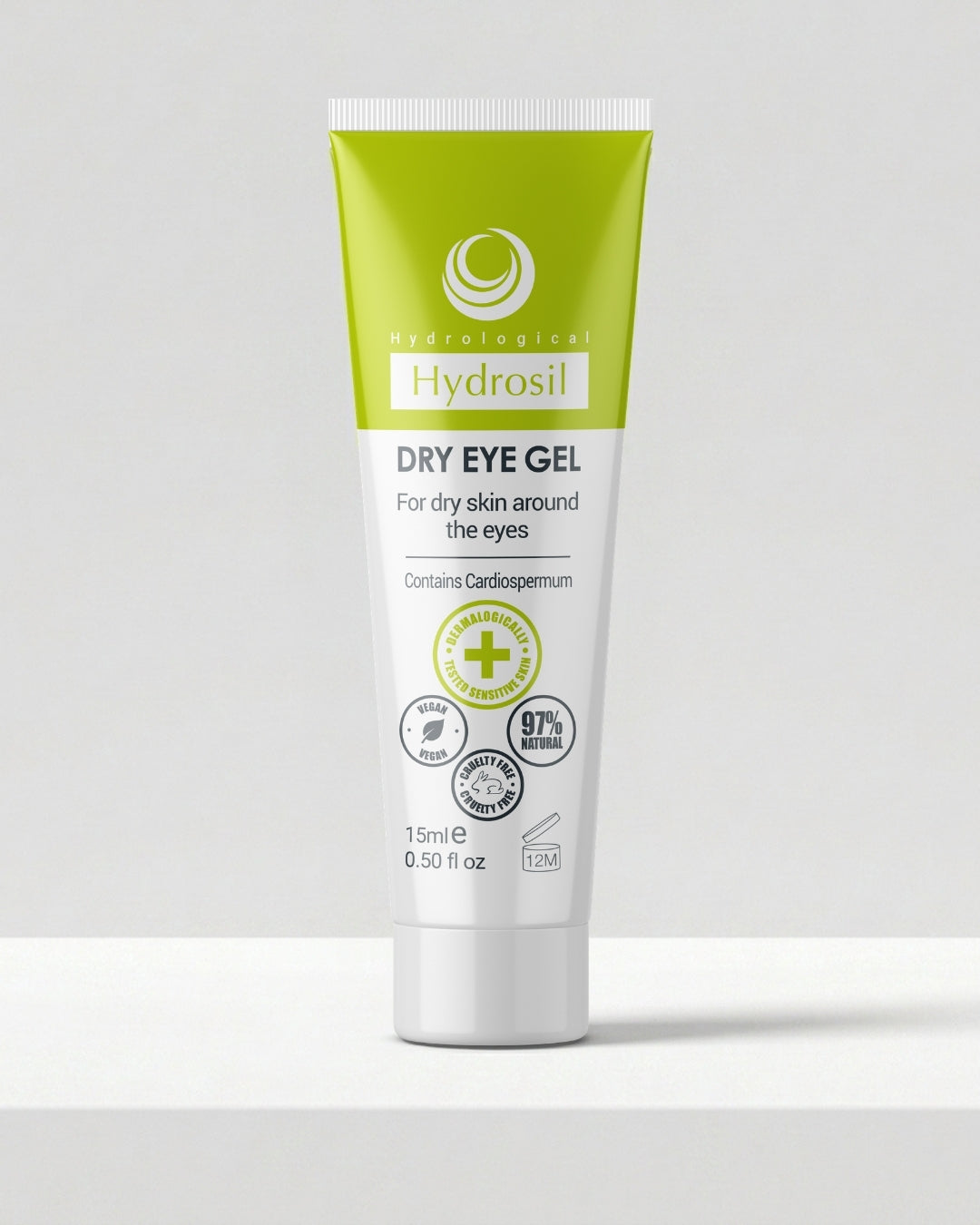 Hydrosil Dry Eye Gel, a 15ml green and white tube for dry skin around the eyes, containing Cardiospermum