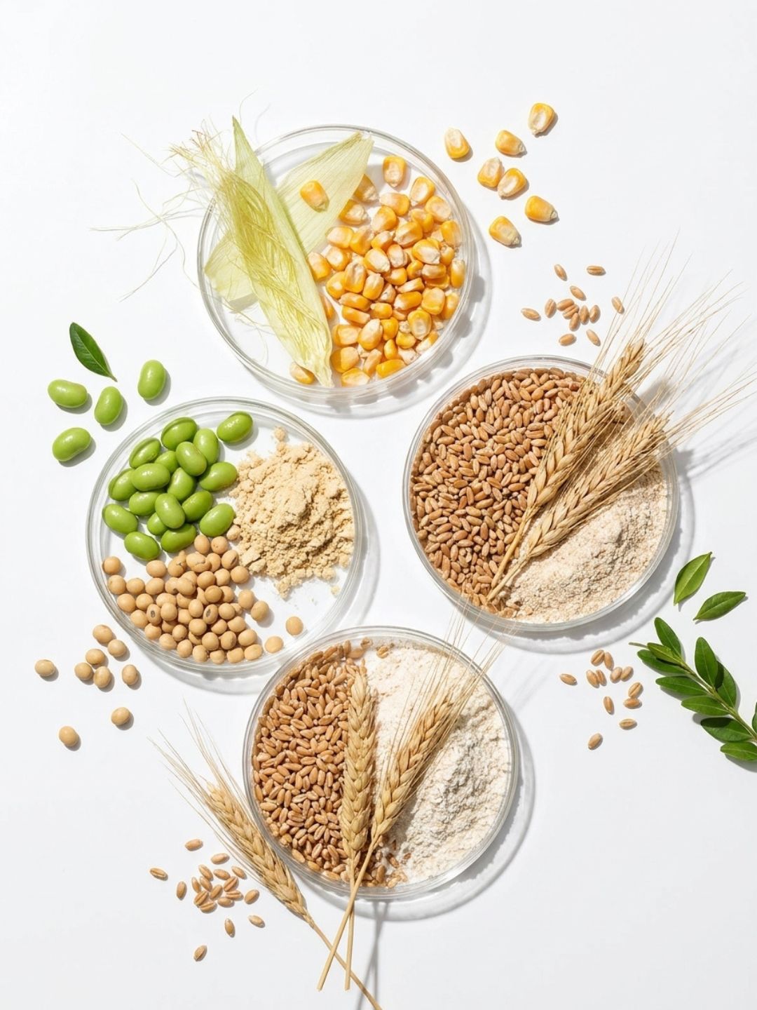 Glass dishes of corn, soya beans and wheat grains with their pale powders, the sources of the plant proteins in Hydrobrow