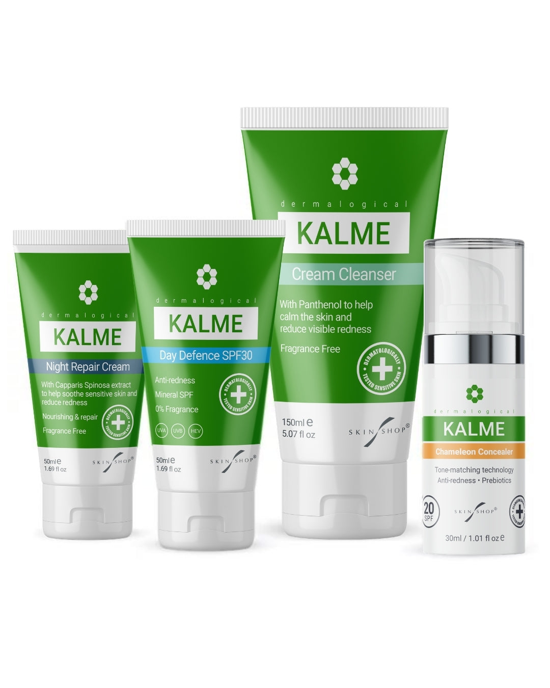 The KALME Advanced Skincare Kit for rosacea-prone and redness-prone sensitive skin, containing KALME Cream Cleanser, KALME Day Defence Cream SPF30, KALME Chameleon Concealer SPF20 and KALME Night Repair Cream as a four-step daily anti-redness routine