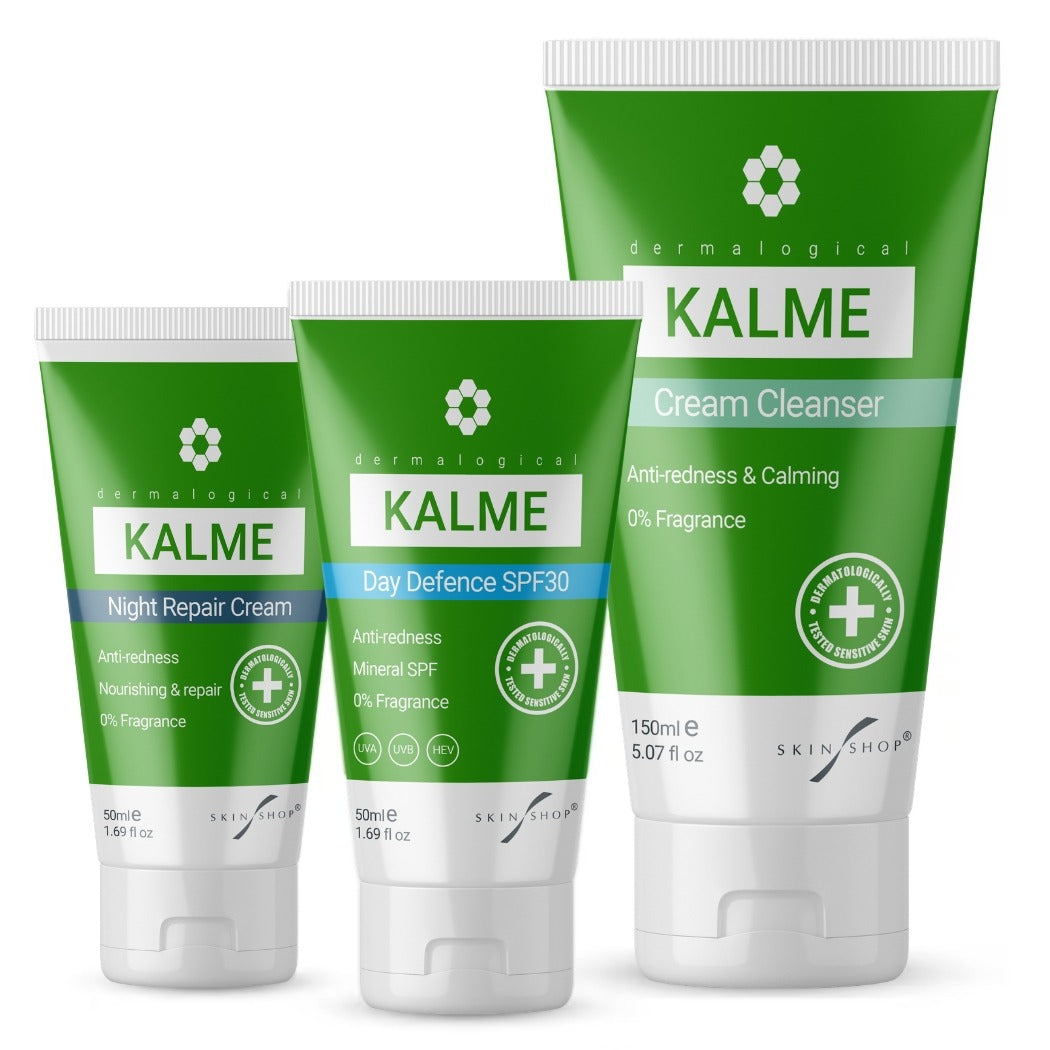 The KALME Essential Skincare Kit for rosacea-prone and redness-prone sensitive skin, containing KALME Cream Cleanser, KALME Day Defence Cream SPF30 and KALME Night Repair Cream as a complete three-step daily anti-redness routine