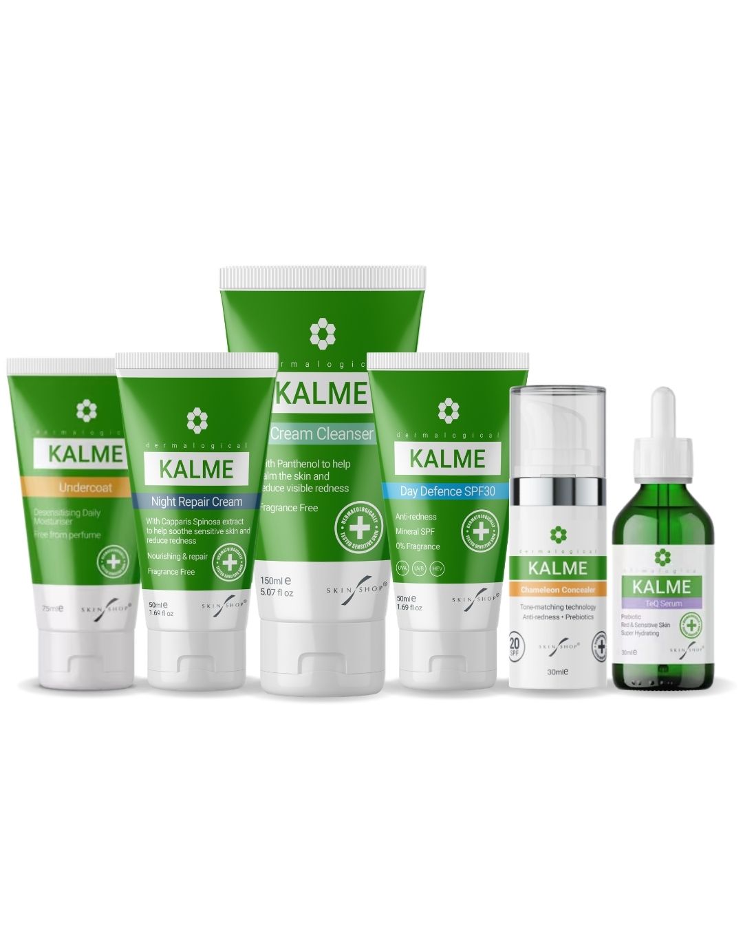 The KALME Complete Skincare Kit for rosacea-prone and redness-prone sensitive skin, containing KALME Cream Cleanser, KALME Undercoat, KALME Day Defence Cream SPF30, KALME Chameleon Concealer SPF20, KALME Night Repair Cream and KALME TeQ Serum as a complete six-step daily anti-redness routine