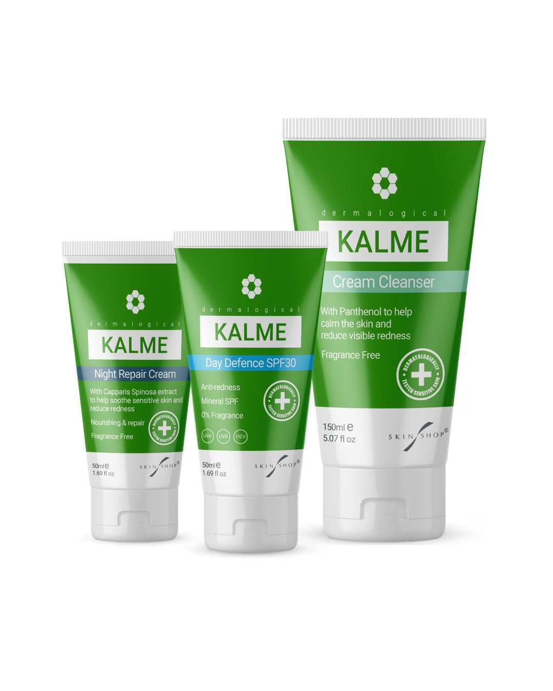 The KALME Essential Skincare Kit for rosacea-prone and redness-prone sensitive skin, containing KALME Cream Cleanser, KALME Day Defence Cream SPF30 and KALME Night Repair Cream as a three-step daily anti-redness routine