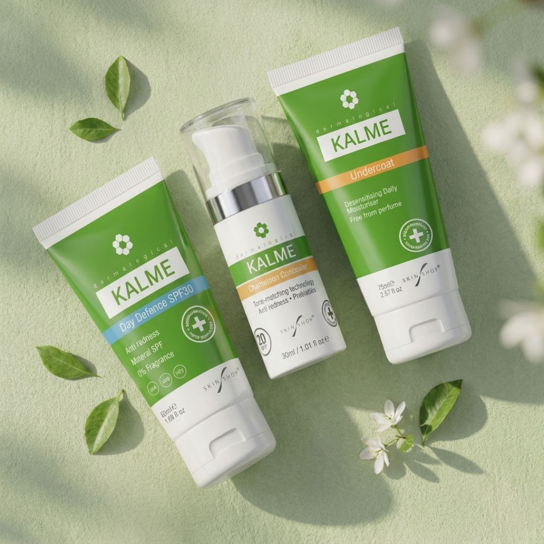 The KALME skincare range for rosacea-prone and redness-prone sensitive skin, featuring KALME Day Defence SPF30, KALME Chameleon Concealer SPF20 and KALME Undercoat as a complete daily anti-redness routine
