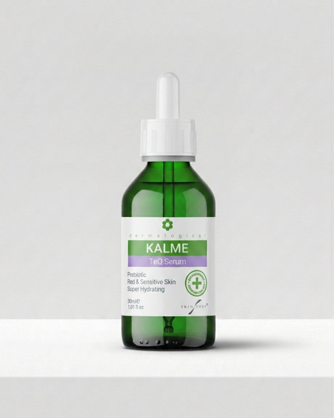 KALME TeQ Serum 30ml in a green glass dropper bottle, a prebiotic hydrating serum for red, sensitive and rosacea-prone skin