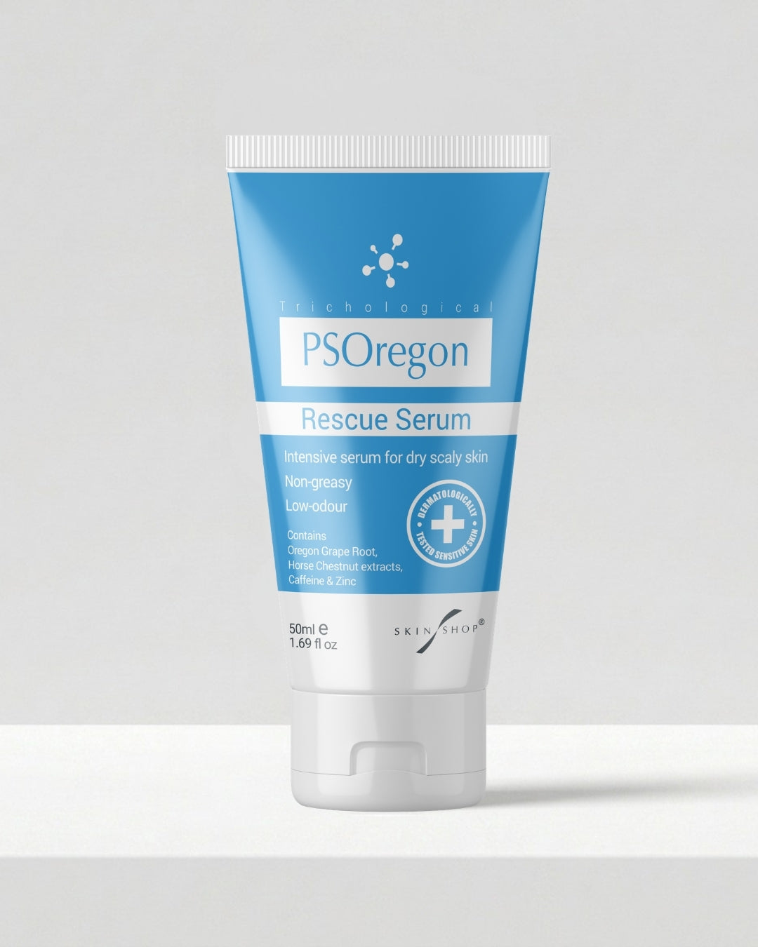 PSOregon Intensive Serum 50ml, a non-greasy, low-odour fast-acting rescue serum for smaller, stubborn patches of psoriasis-prone, dry and scaly skin, containing Oregon Grape Root, horse chestnut, caffeine and zinc, dermatologically tested for sensitive skin