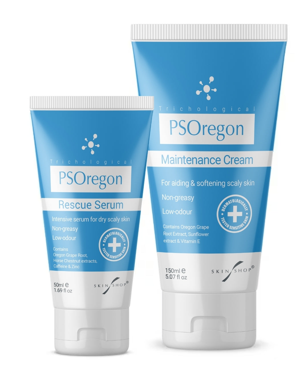 PSOregon Skin Care Pack showing the Maintenance Cream 150ml and Intensive Serum 50ml together, a two-step duo for psoriasis-prone, dry and scaly skin, with the cream for larger areas and the serum for smaller, stubborn patches