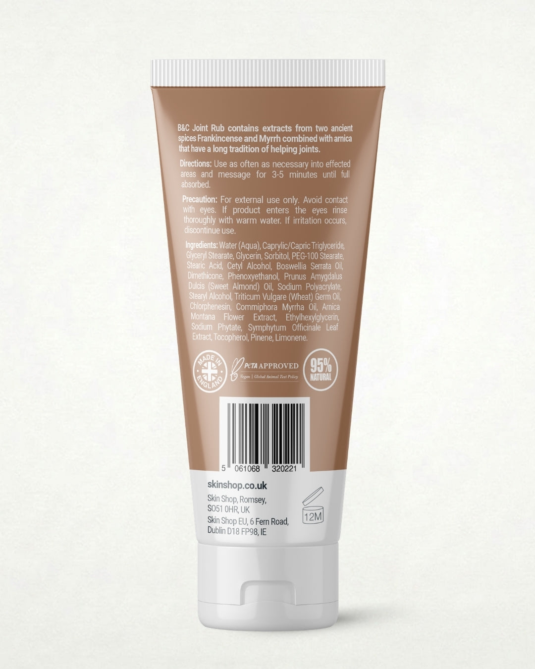 Back of the Actimas Boswellia & Commiphora tube showing directions, ingredients and the vegan, 95% natural and made in Britain badges