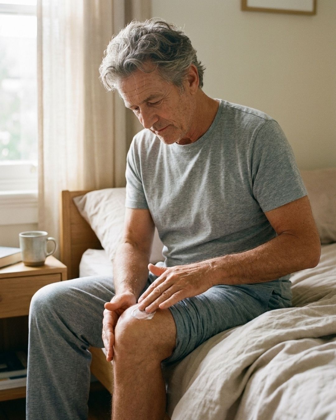 Older man sitting on the edge of his bed in the morning, massaging Actimas Boswellia & Commiphora cream into his knee