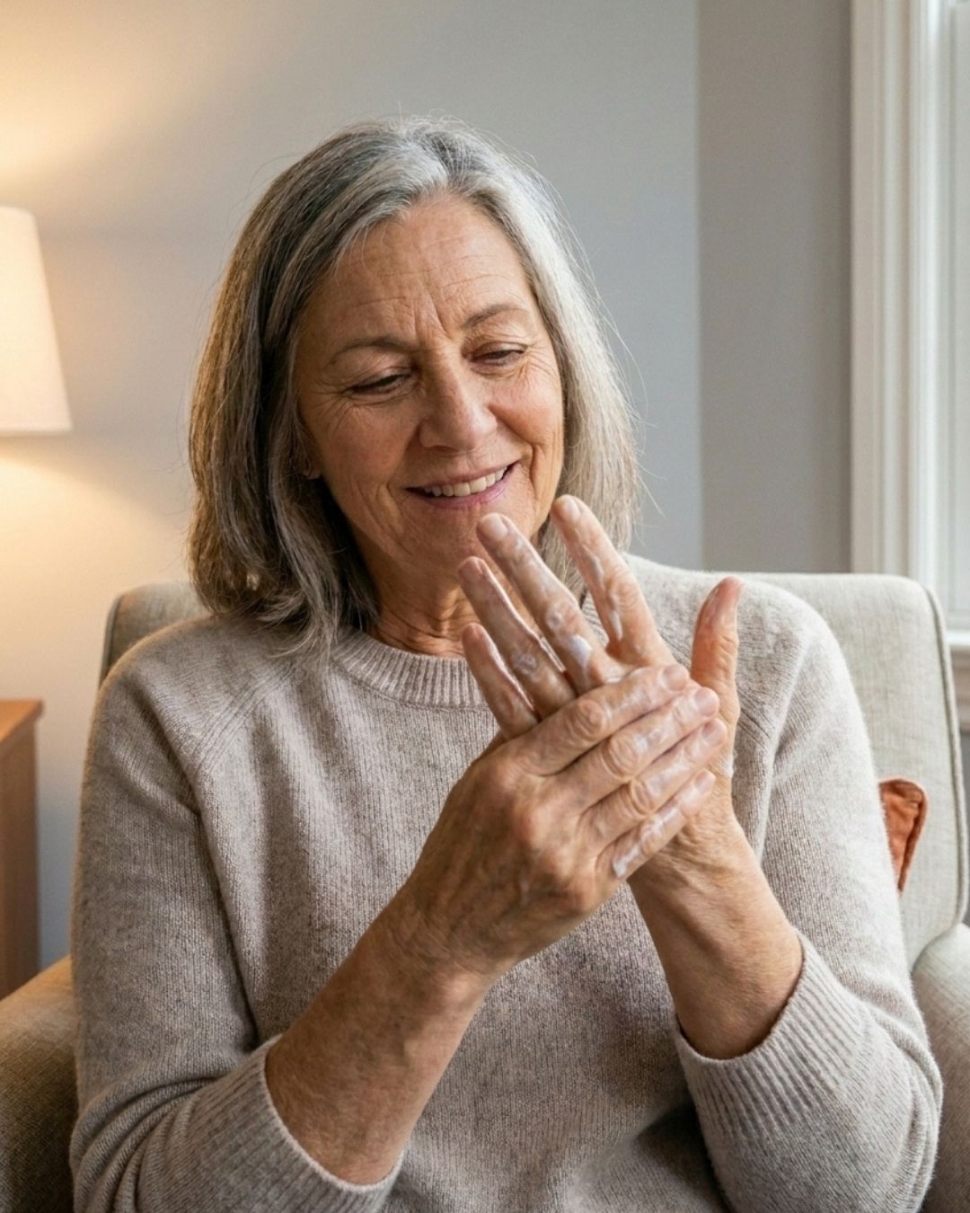 Older woman in an armchair smiling as she rubs Actimas Boswellia & Commiphora cream into her fingers and hands