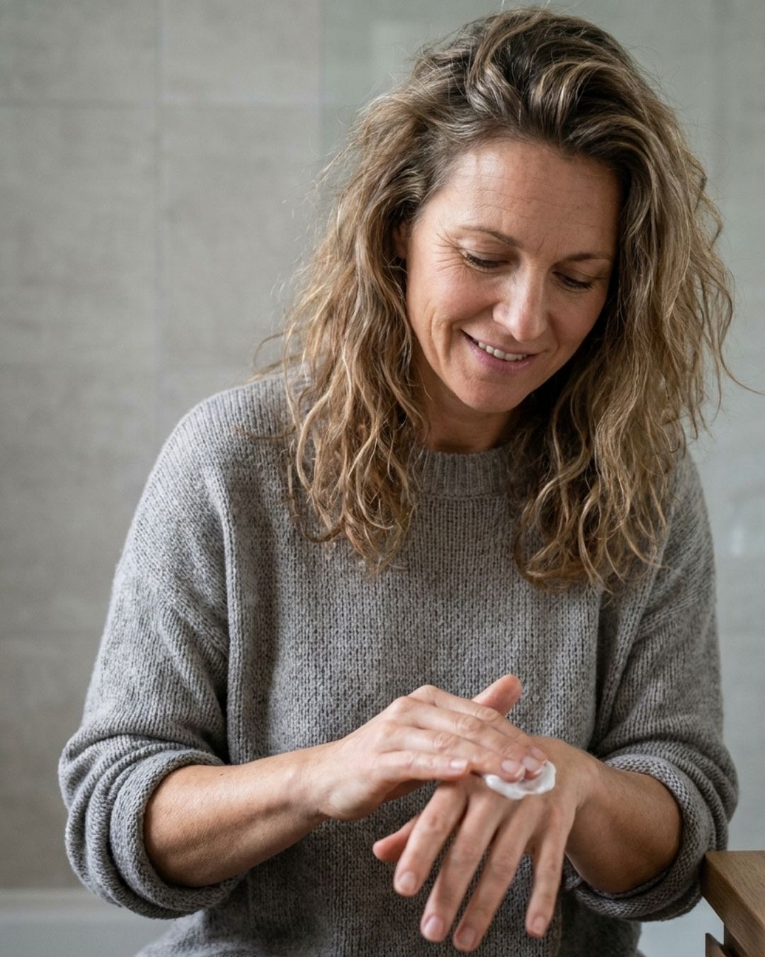 Woman rubbing Actimas Celafen cream into the back of her hand to ease stiff, aching joints