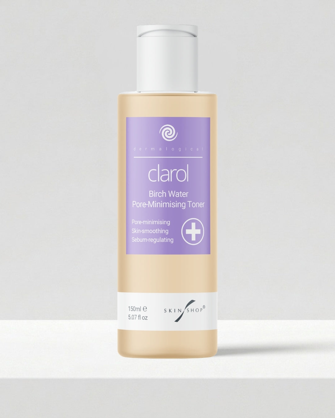 A bottle of Clarol Birch Water Pore-Minimising Toner for acne-prone skin, featuring a lavender purple label and a white cap, set against a clean light gray background.