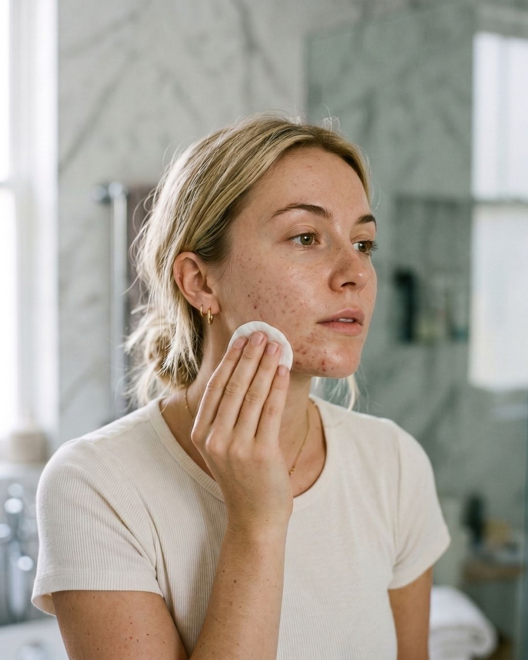 A woman with blonde hair and visible facial acne applies a cleansing cotton pad with Clarol Birch Water Pore-Minimising Toner to her cheek in a bright bathroom with marble walls.