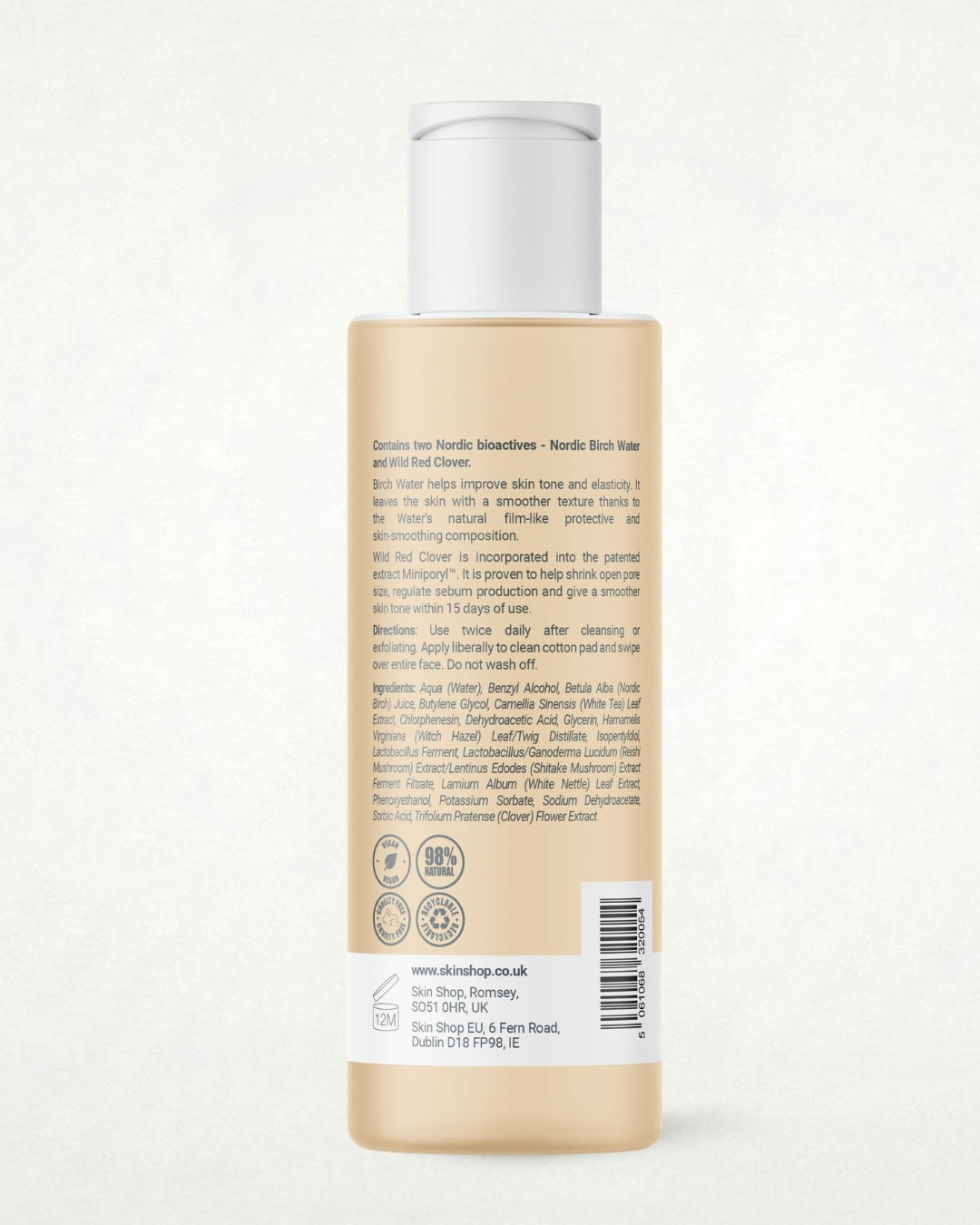 Back view of a bottle of Clarol Birch Water Pore-Minimising Toner, showing the back label with product ingredients and other product information. 
