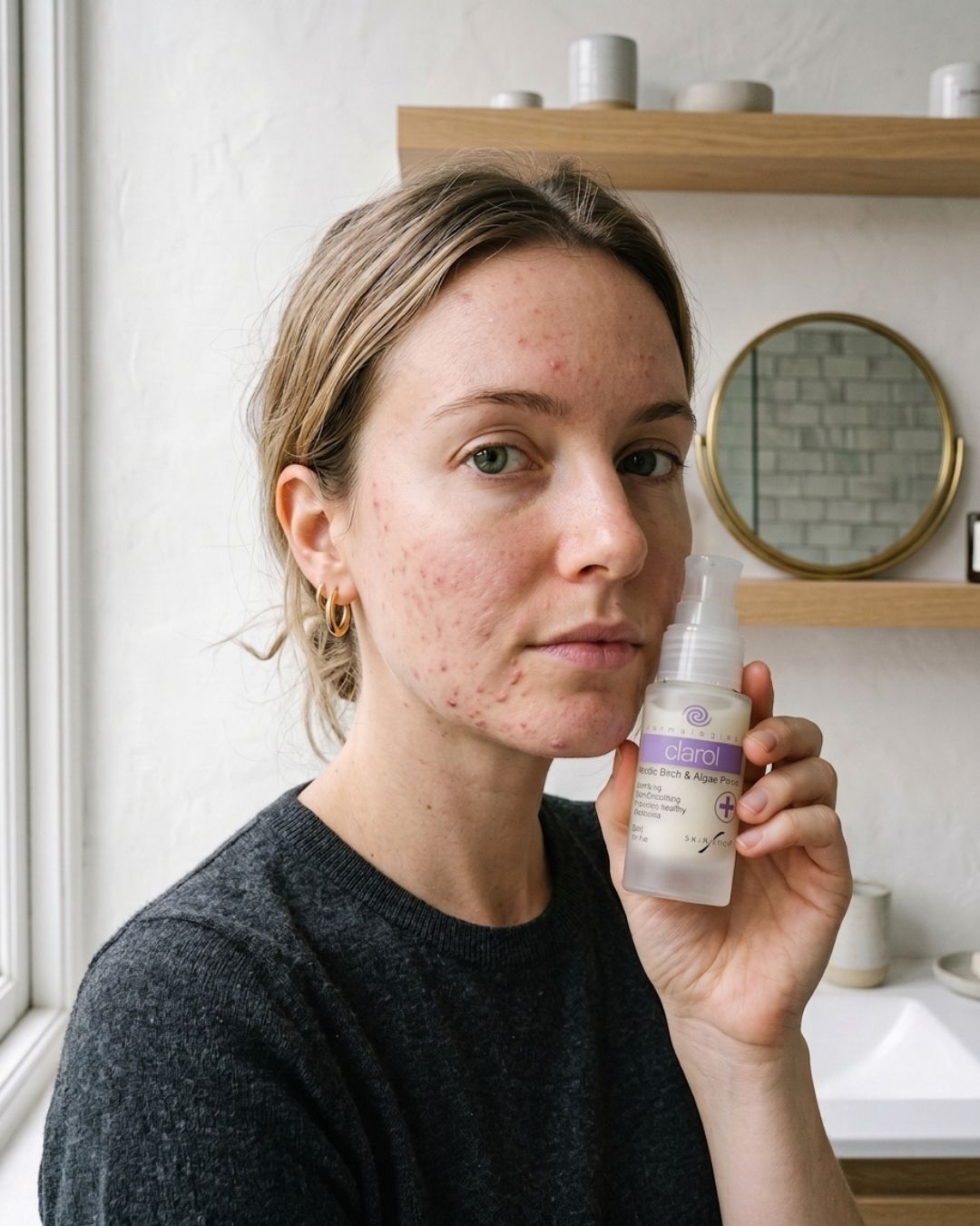 A woman with blemishes holds a bottle of Clarol Nordic Birch & Japanese Algae Mattifying Primer for oily and acne-prone skin in a bathroom setting with wooden shelves and a mirror in the background.