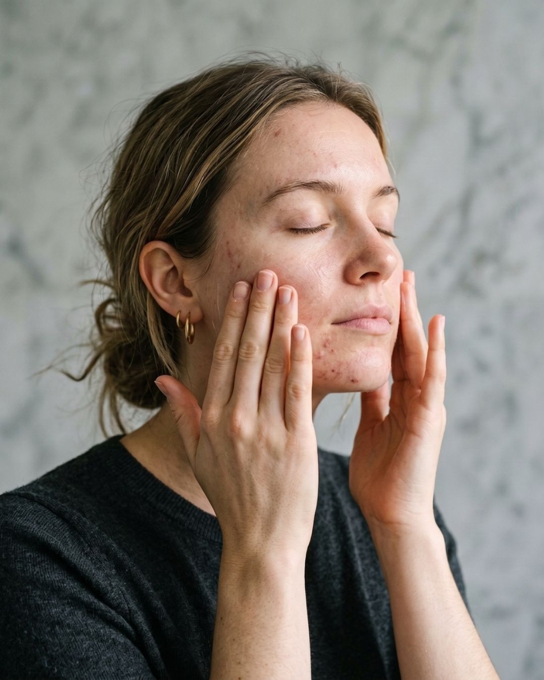 A woman with closed eyes applying Clarol Nordic Birch & Japanese Algae Mattifying Primer for oily and acne-prone skin on her face, wearing a dark grey heathered t-shirt and a small gold hoop earring, set against a textured grey wall.