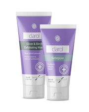 Two tubes of Clarol skincare for acne-prone skin: Clarol Sebopure and Clarol Silver and Birch Exfoliating Face Wash