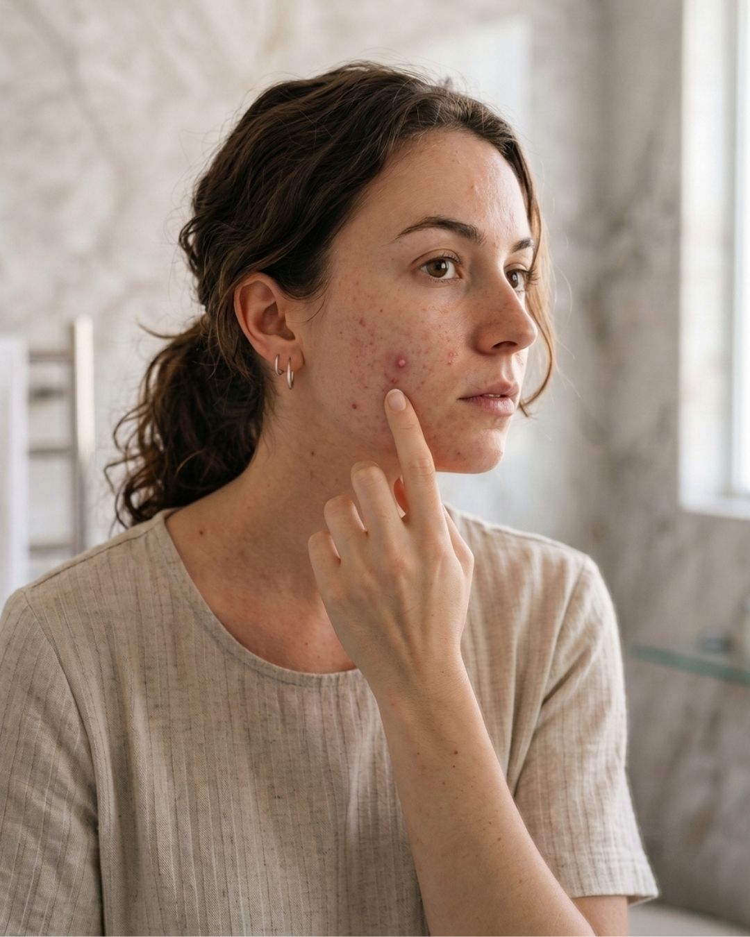 A woman with blemishes on her cheek applying Clarol ZnO Clear targeted spot skin cream, wearing a light beige linen top in a softly lit bathroom setting.