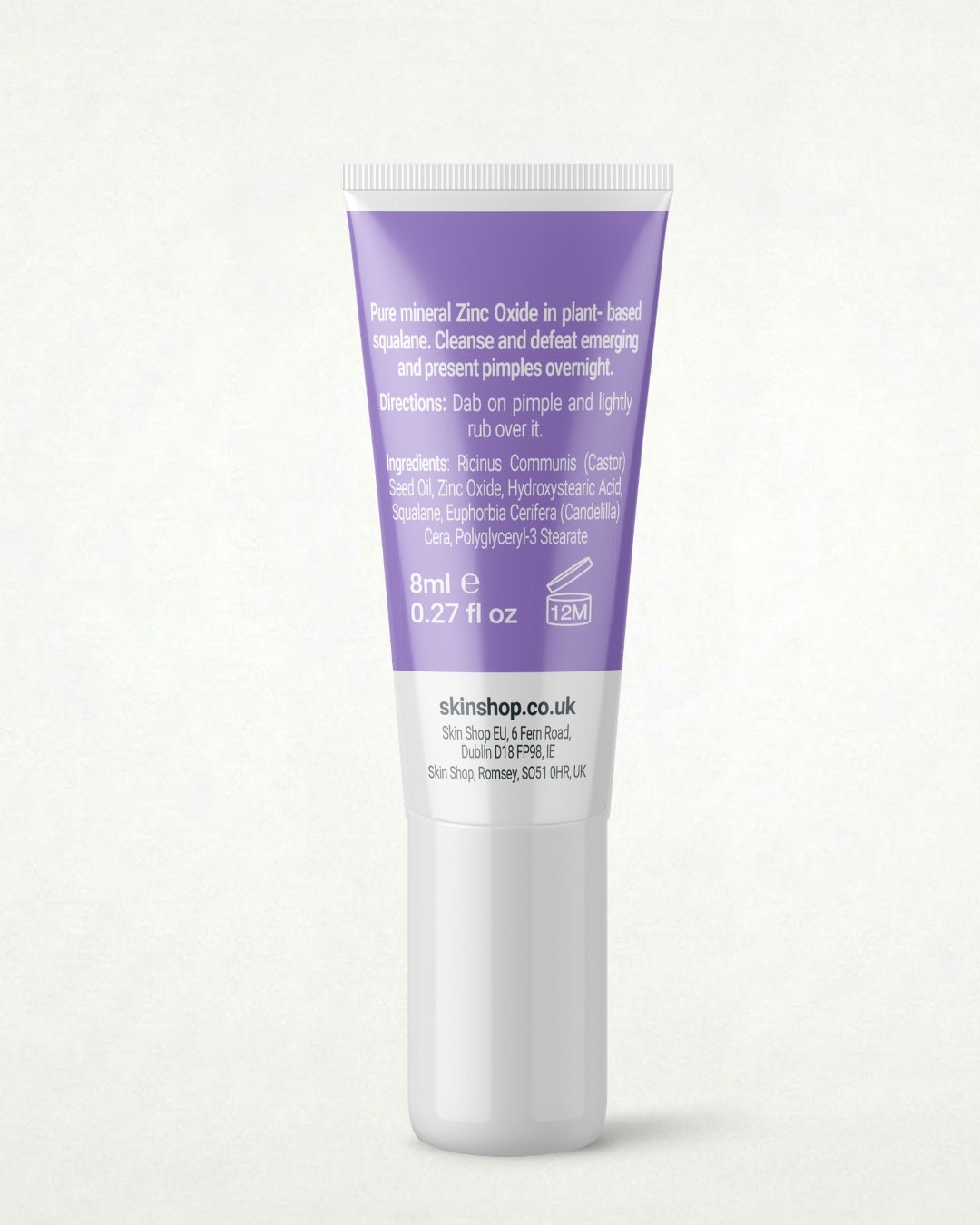 The back label of a Clarol ZnO clear targeted spot care for acne-prone skin 8ml squeeze tube showing the ingredients and directions. 