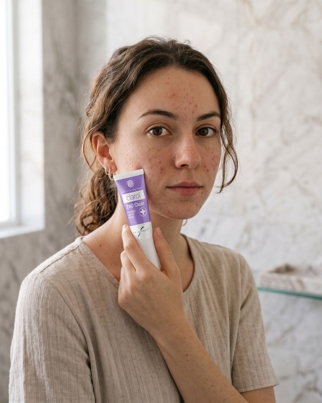 A woman with blemishes applies a Clarol Zn0 Clear skin cream to her cheek in a bright bathroom setting.
