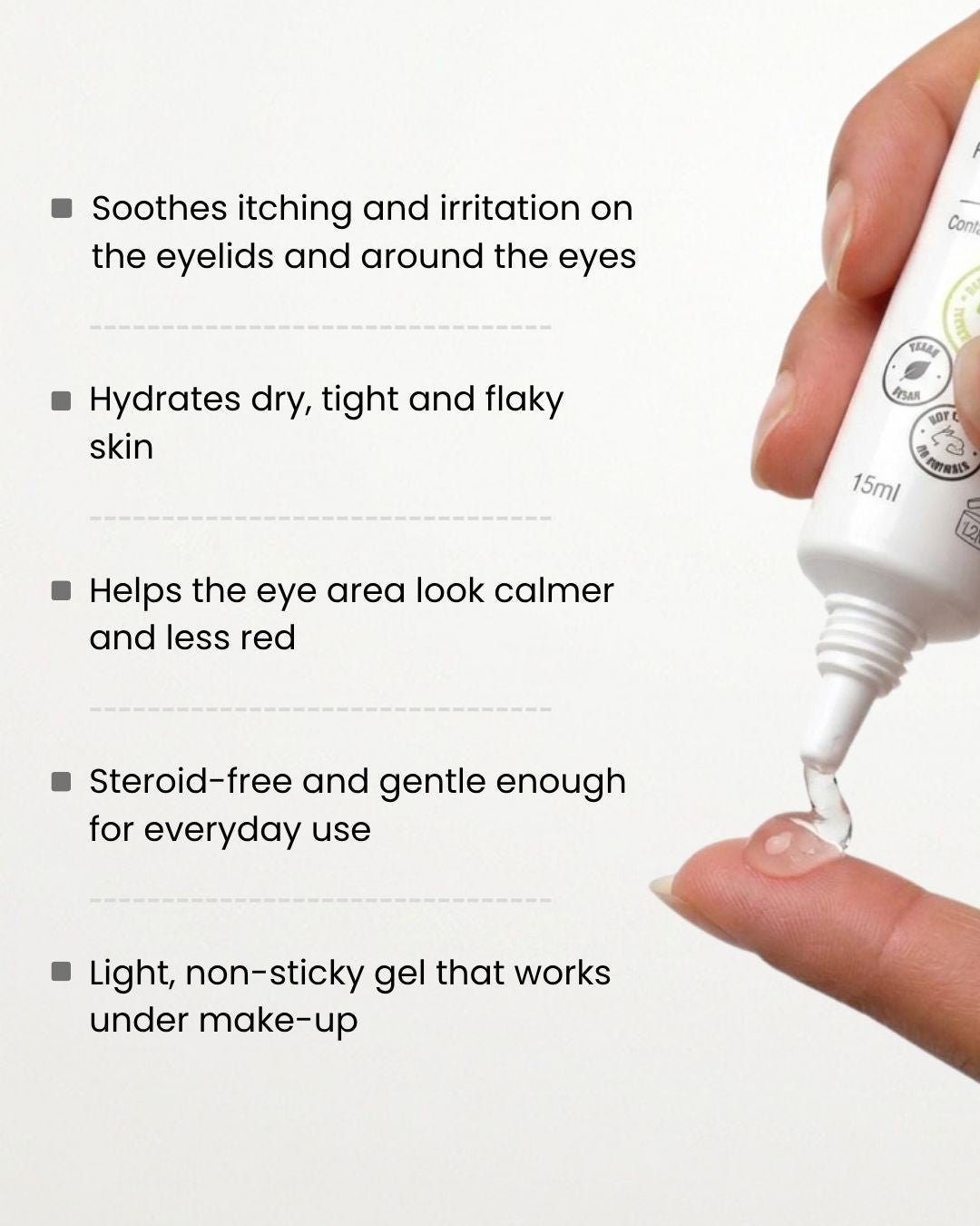 Hydrosil Dry Eye Gel key benefits: soothes itching and irritation, hydrates dry, tight and flaky skin, helps the eye area look calmer and less red, steroid-free and gentle for everyday use, and a light, non-sticky gel that works under make-up. The tube is shown dispensing a drop of gel onto a fingertip