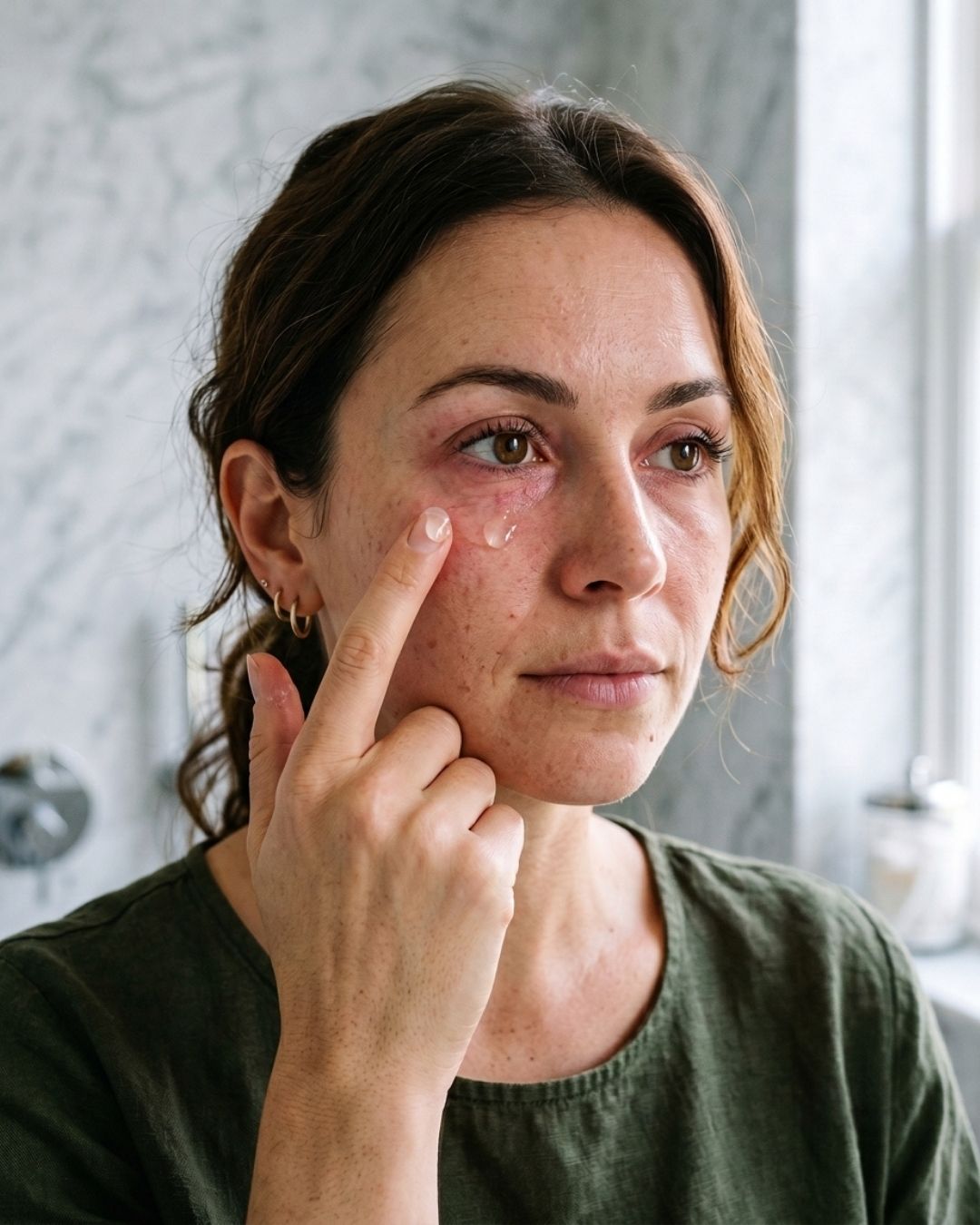 A woman with dry, red-looking, irritated skin around her eyes holding up a 15ml tube of Hydrosil Dry Eye Gel