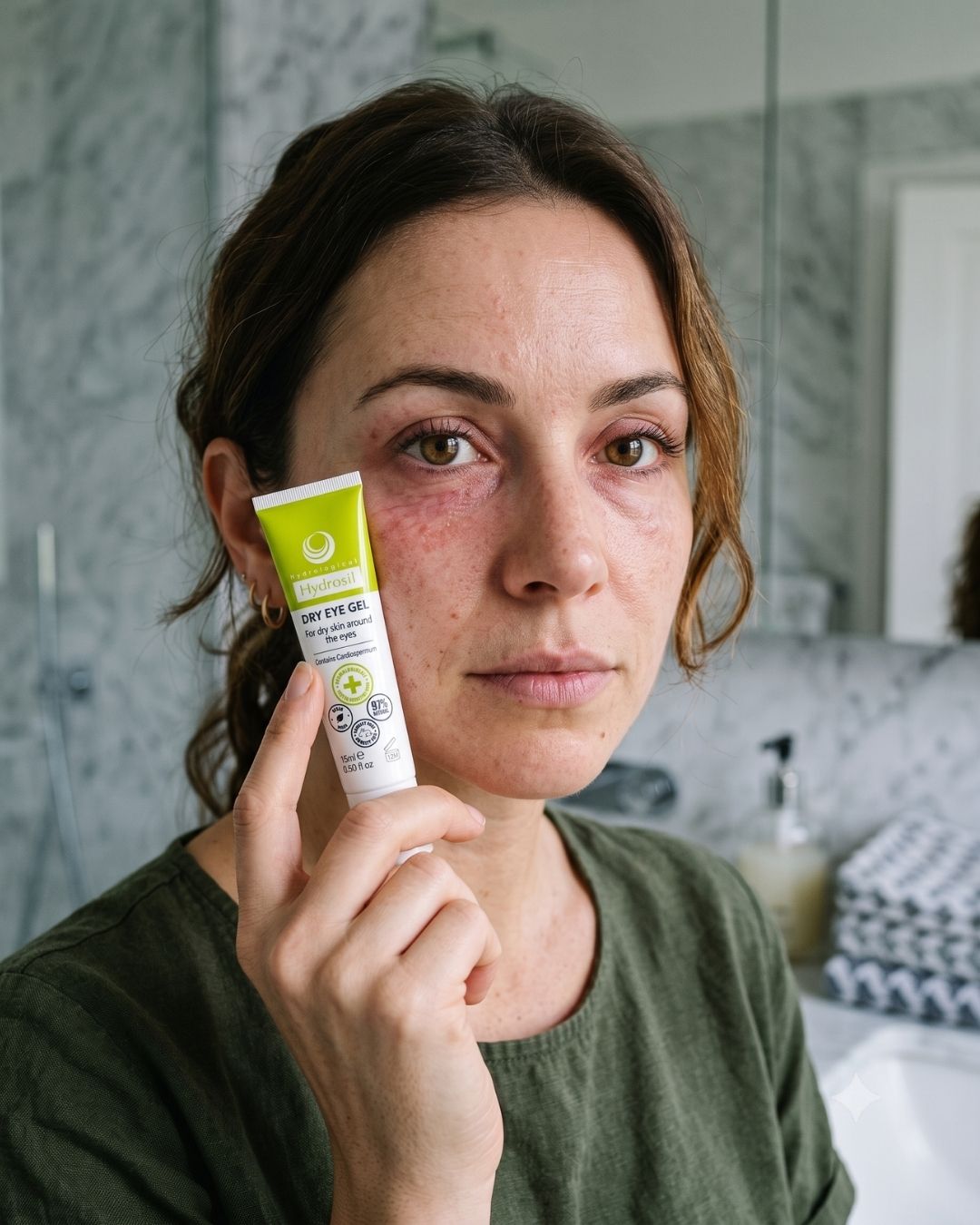 A woman with dry, red-looking, irritated skin around her eyes holding up a 15ml tube of Hydrosil Dry Eye Gel