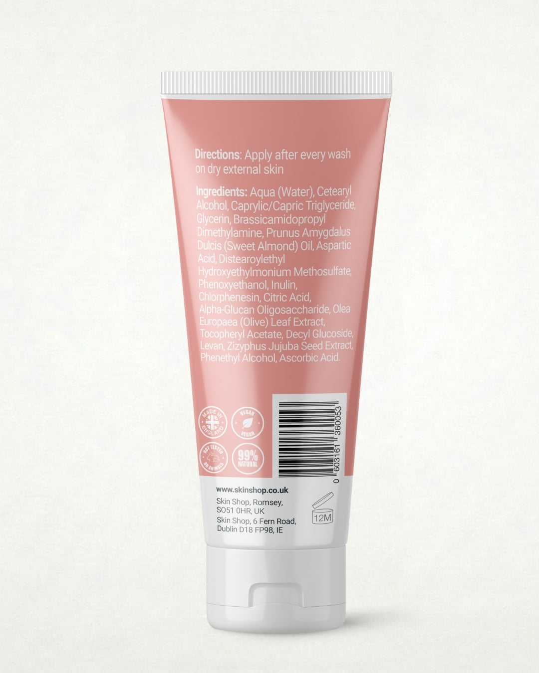 The back of a pink squeeze tube of In2mate Natural Wash skincare product, showing directions, ingredients, a barcode, made in England, Vegan, 99% natural. 