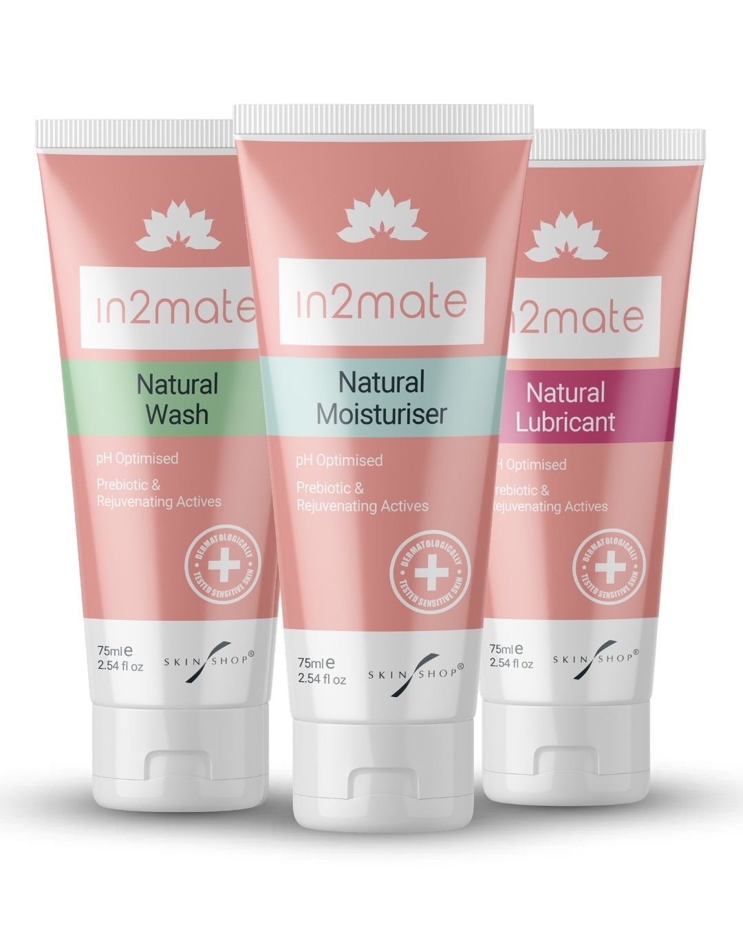 Three Tubes of in2mate natural intimate skincare for women: in2mate Natural Wash for intimate cleansing and hygiene, in2mate Moisturiser, and in2mate lubricant