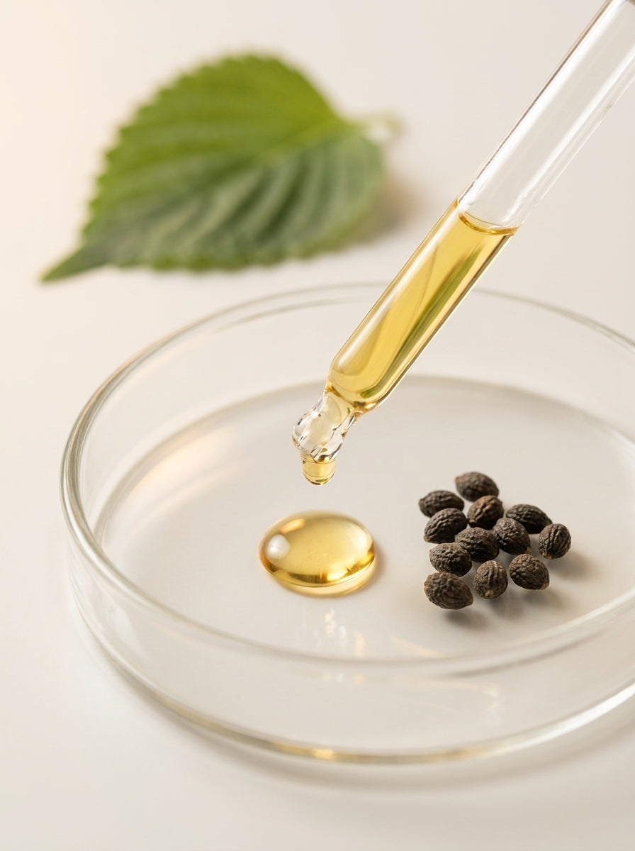 Perilla seed oil, a naturally active anti-bacterial and anti-inflammatory ingredient in KALME skincare products that helps calm underlying inflammation behind redness and spots in rosacea-prone skin
