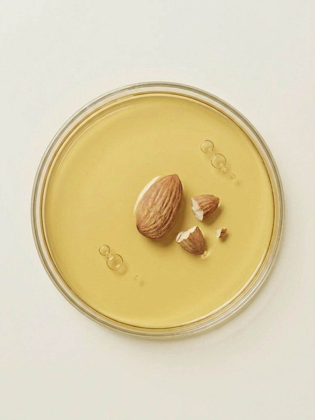 Sweet almond oil in a glass dish with whole and cracked almonds, a nourishing natural ingredient in LipQ Liquorice Balm