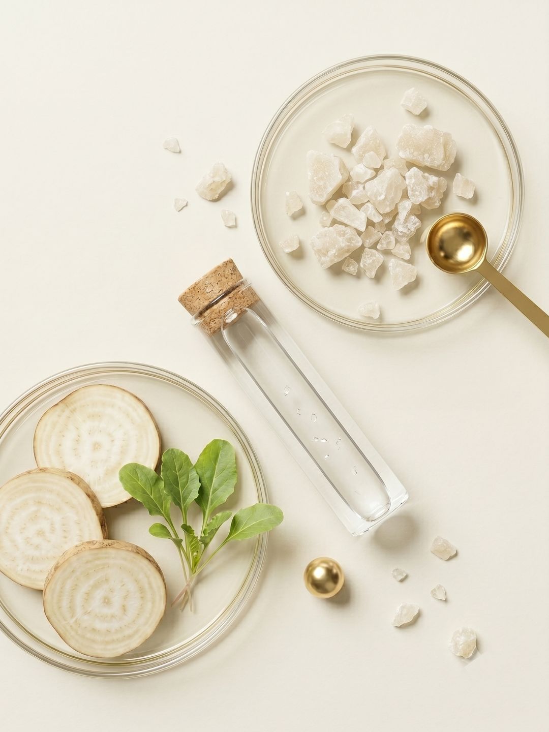 Sliced sugar beet, leaves and white betaine crystals beside a vial of clear gel, illustrating betaine, the plant-derived humectant in Hydrosil Dry Eye Gel