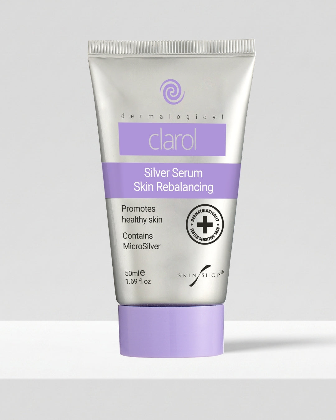 Front of Clarol Silver Serum 50ml tube, a skin rebalancing serum with MicroSilver for spot-prone and acne-prone skin, dermatologically tested for sensitive skin