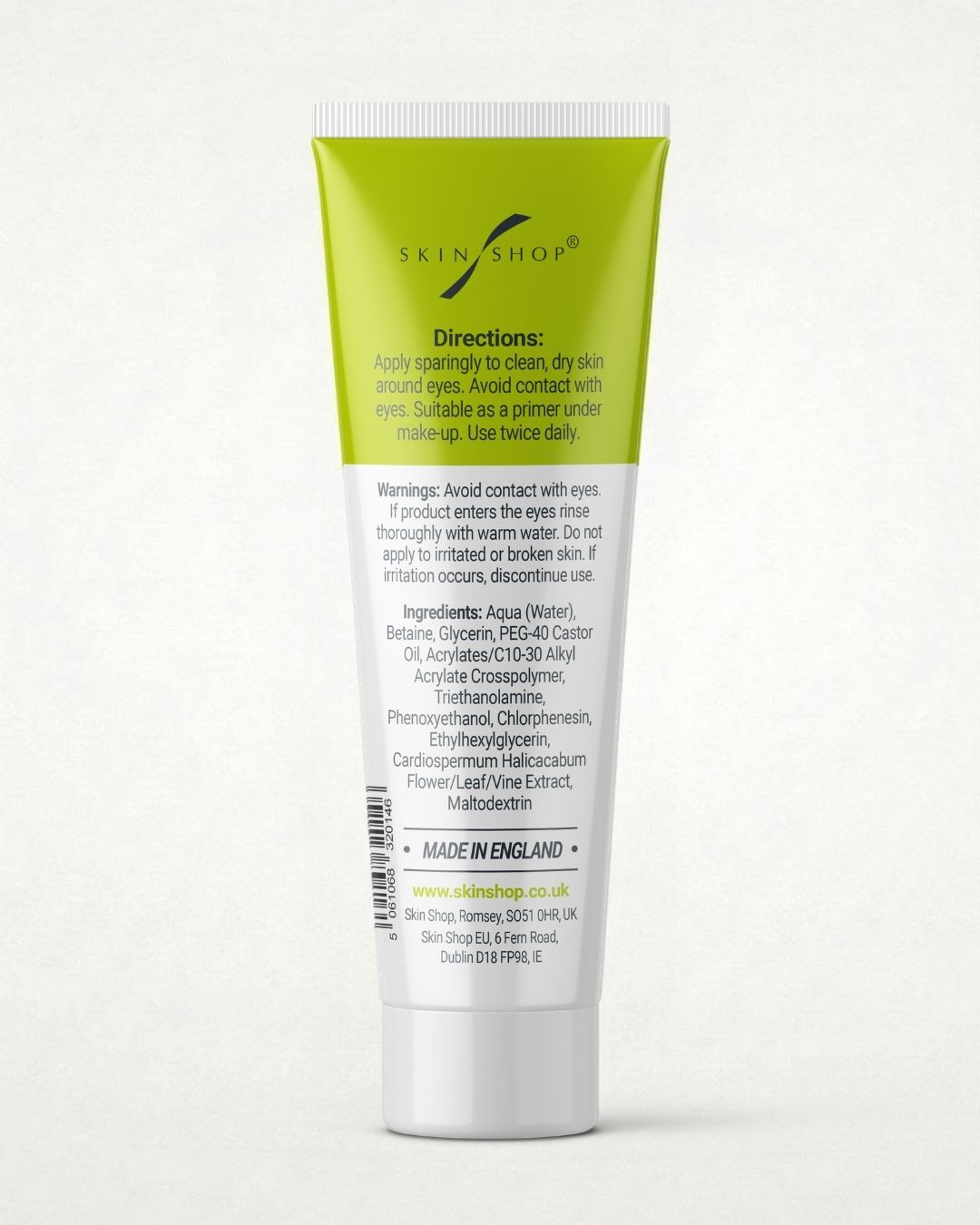 Back of the Hydrosil Dry Eye Gel tube, showing the directions for use, warnings and full ingredients list, made in England by Skin Shop