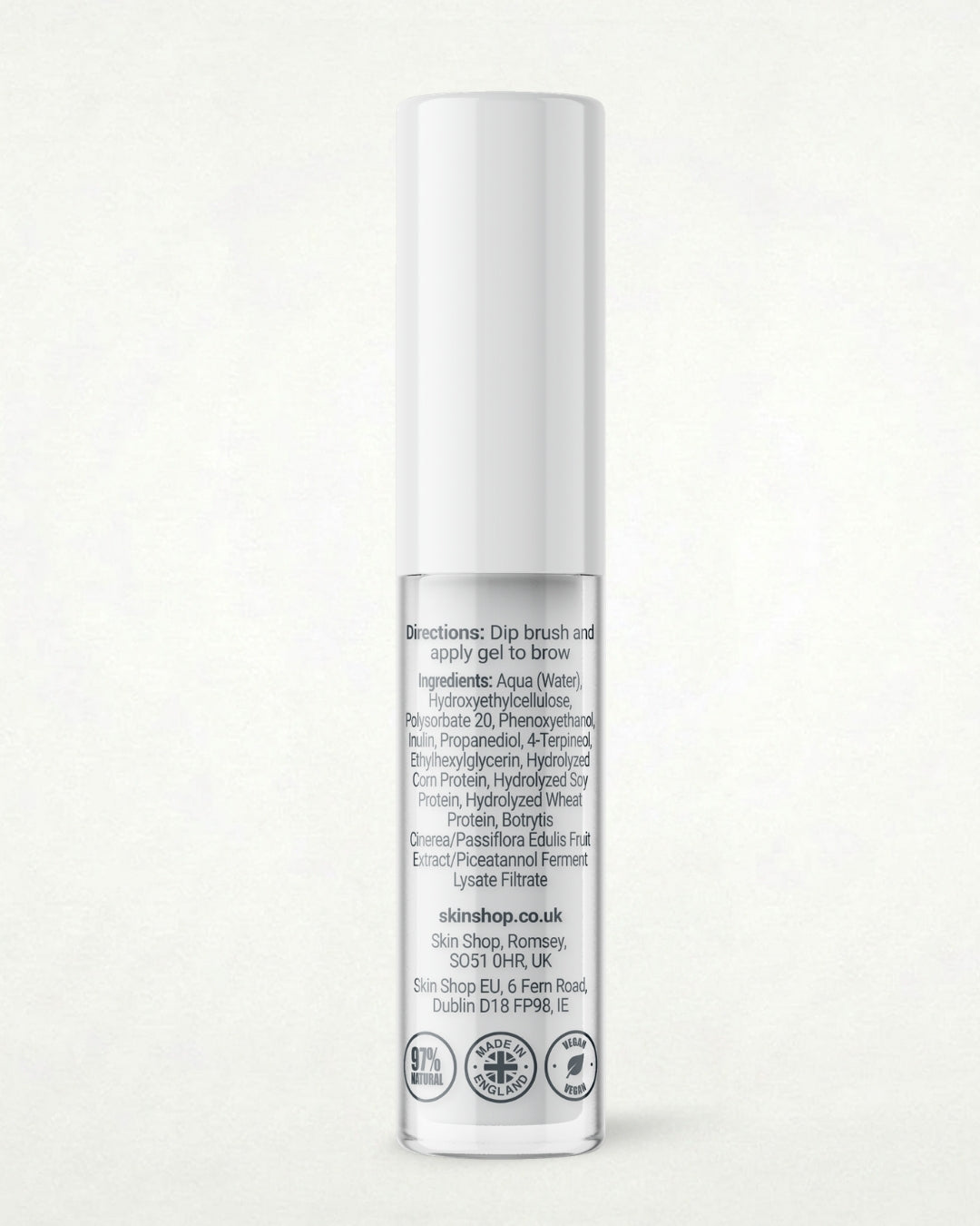 Back of the Hydrosil Hydrobrow Serum bottle, showing the directions and full ingredients list, and the 97% natural, made in England and vegan badges