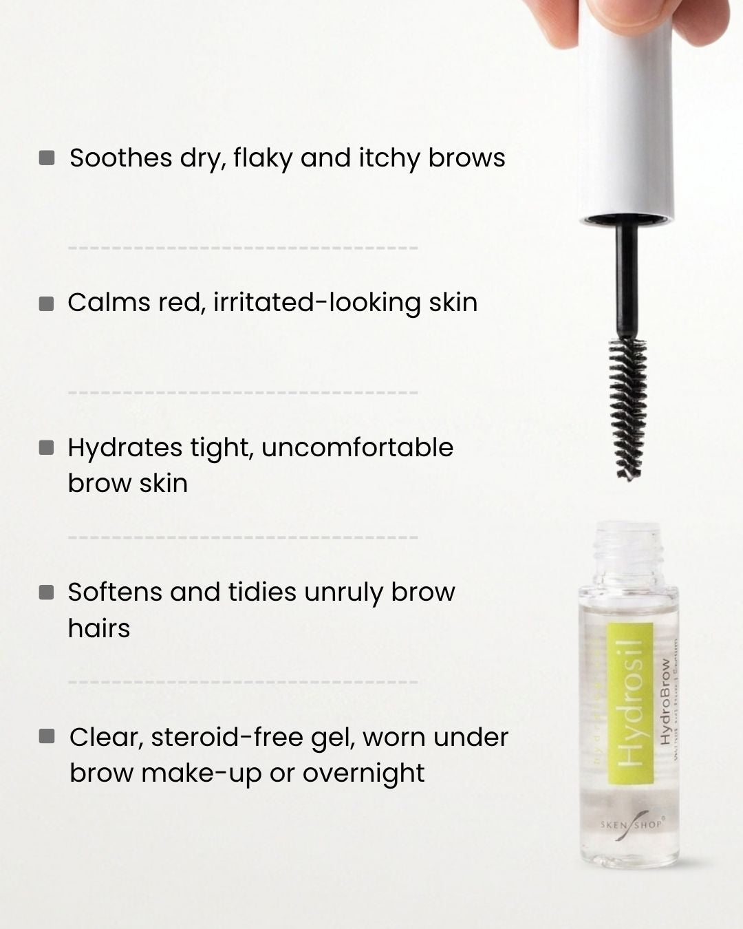 Hydrosil Hydrobrow Serum and its brush applicator, beside a list of its key benefits for dry, flaky and itchy brows
