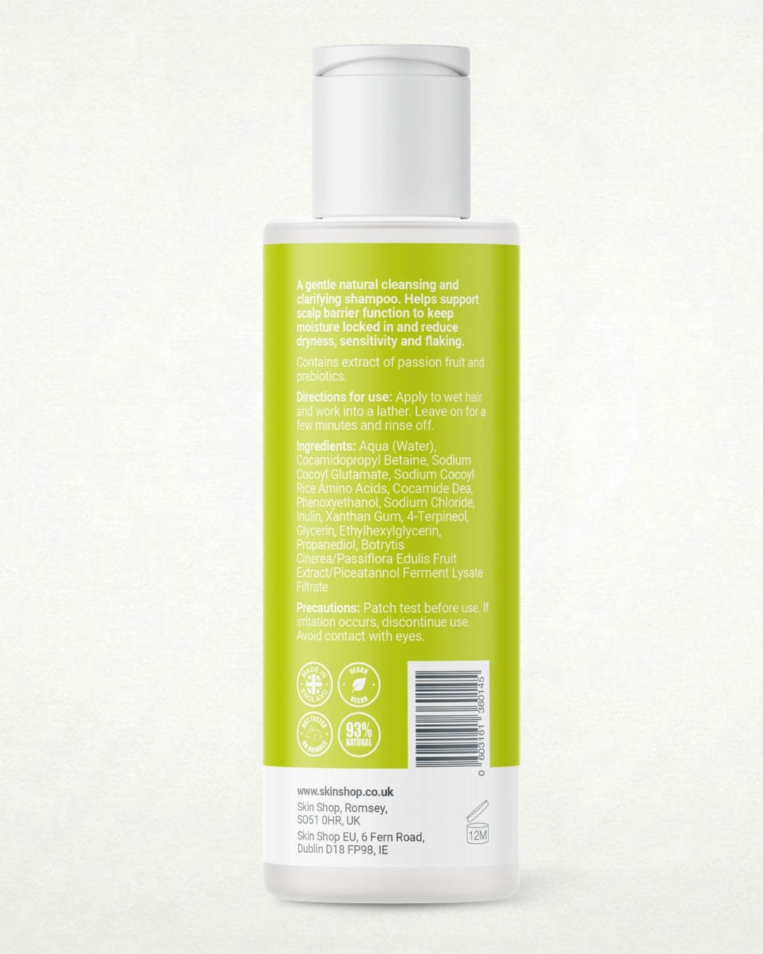 Back of the Hydrosil Scalp Shield Shampoo bottle showing the ingredients list, directions for use and vegan, 93% natural badges