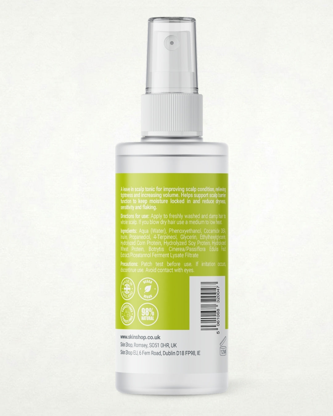 Back of the Hydrosil Scalp Shield Tonic spray bottle, its green label showing directions for use, the full ingredients list, and vegan and 98% natural marks.