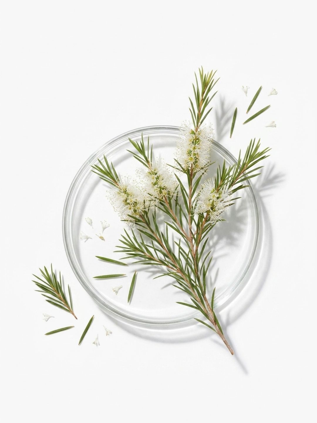 A flowering tea tree sprig with white bottlebrush blooms and needle-like leaves on a clear glass dish, the tea tree in Hydrosil