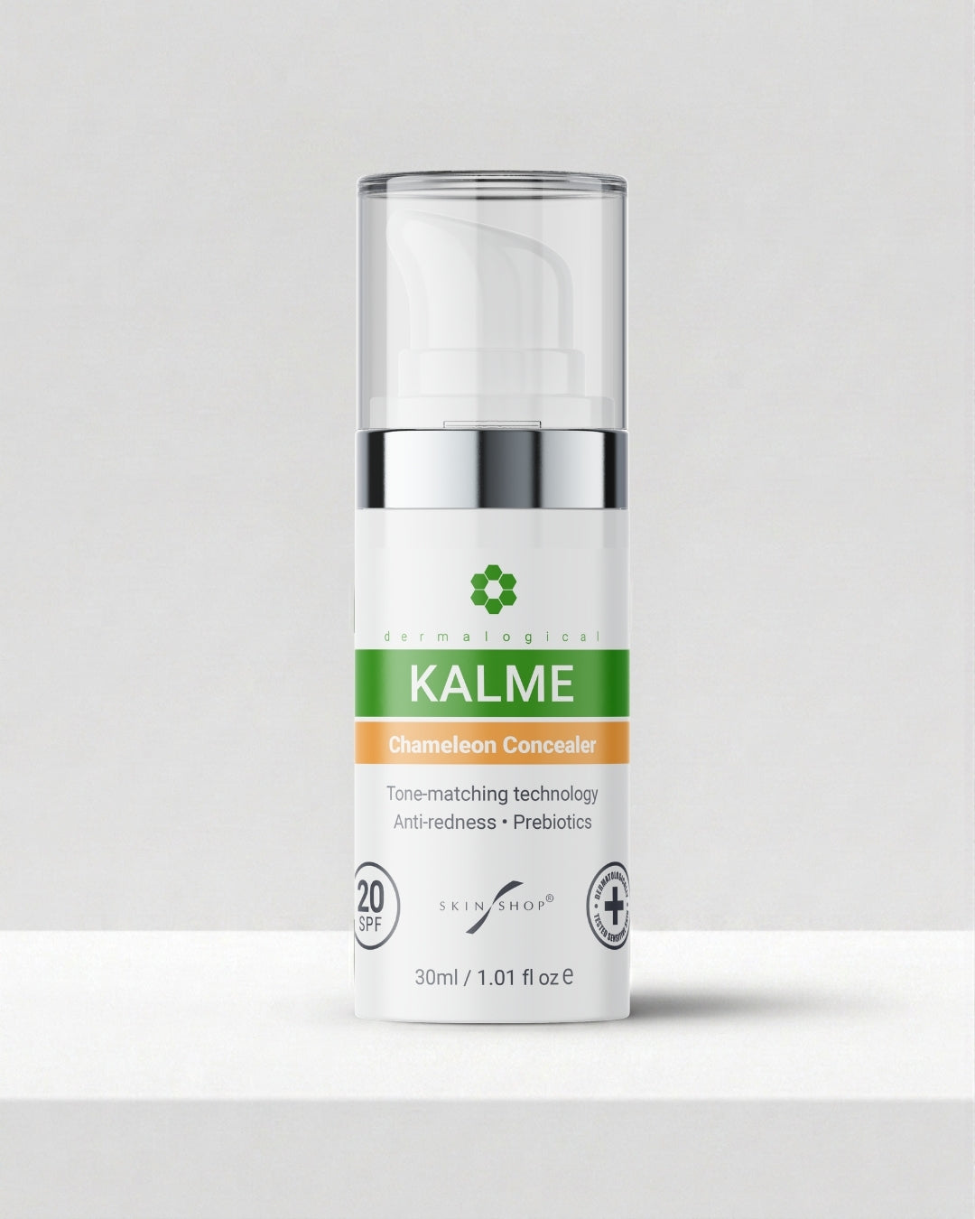 KALME Chameleon Concealer SPF20, a 30ml airless pump bottle of tone-matching concealer for rosacea-prone, red and sensitive skin that conceals facial redness while caring for the skin
