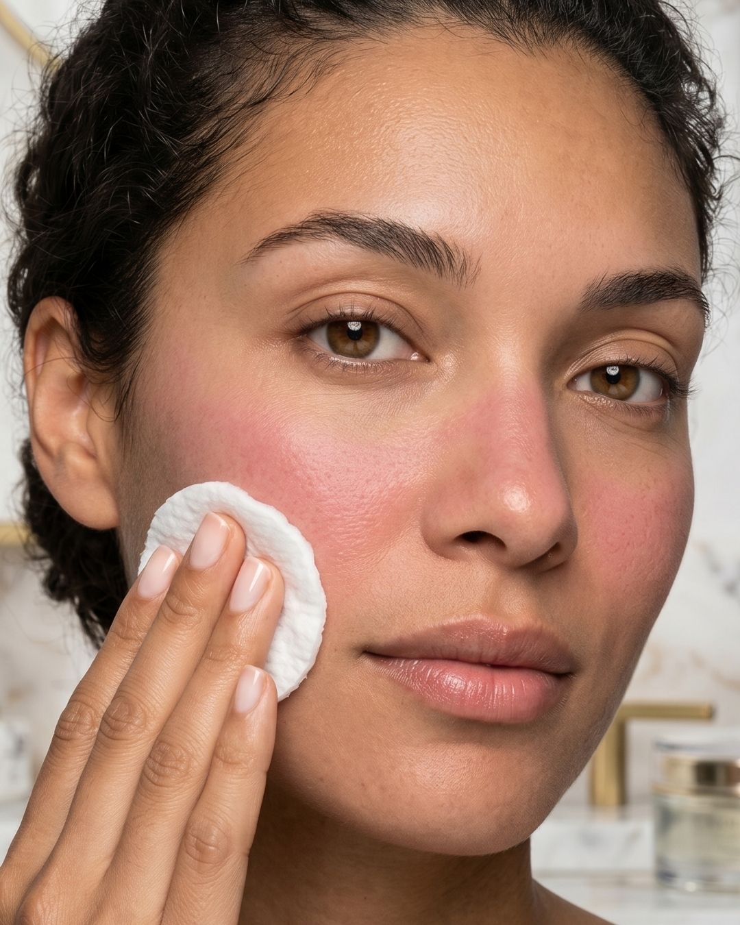 A woman with facial redness applying KALME Cream Cleanser with a cotton pad, the water-free way to cleanse rosacea-prone skin