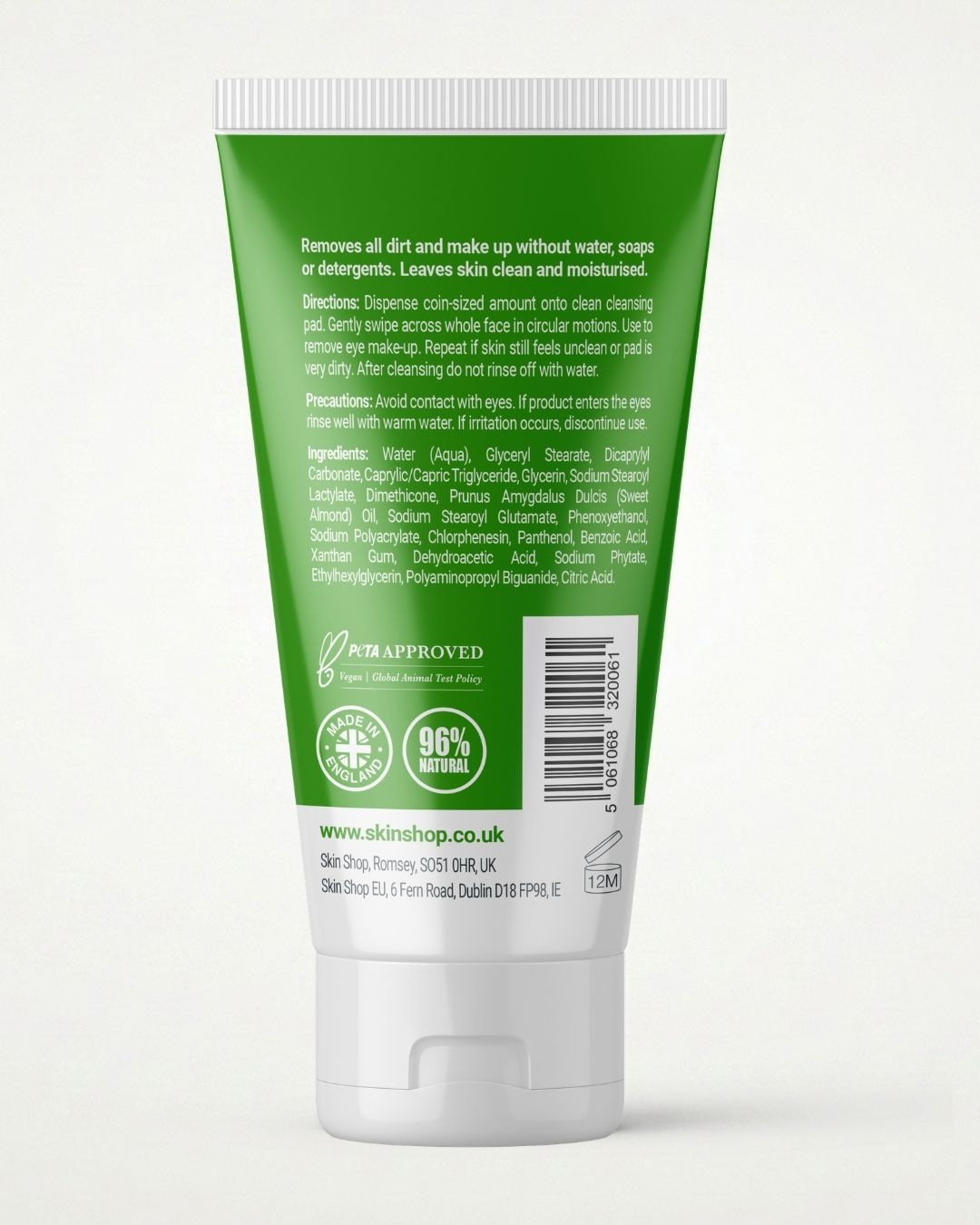Back of the KALME Cream Cleanser tube with directions, ingredients and its vegan, cruelty-free, 96% natural and made in Britain credentials